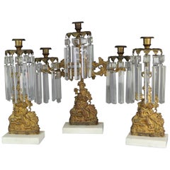 Antique American Figural Brass & Marble Mantel Girandolles Set, c1860