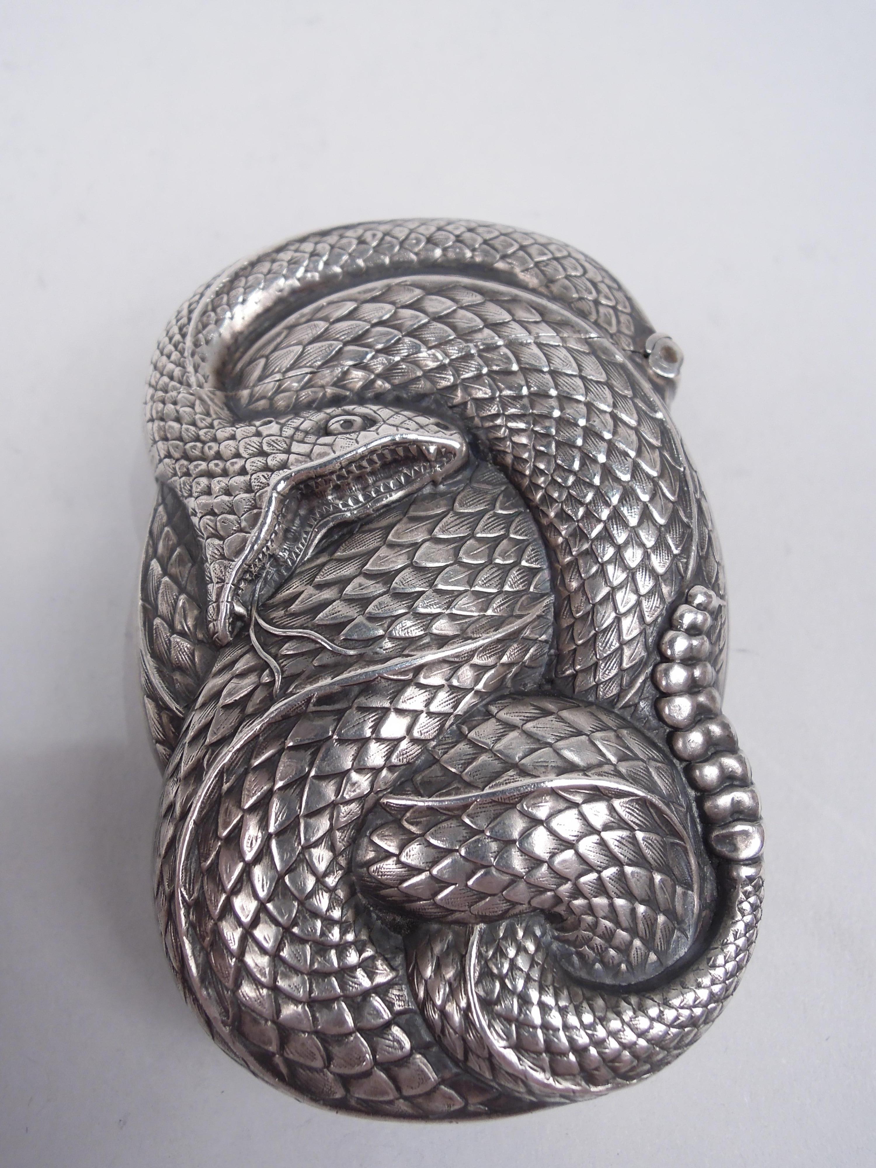 Fin de siecle sterling silver vesta case. Made by Wm. B. Kerr & Co. in Newark, ca 1890. In form of sinister, scaly snake with gaping jaws. Cover hinged and strike on bottom. Fully marked including maker’s stamp and no. 46. Weight: 1 troy ounce.  

