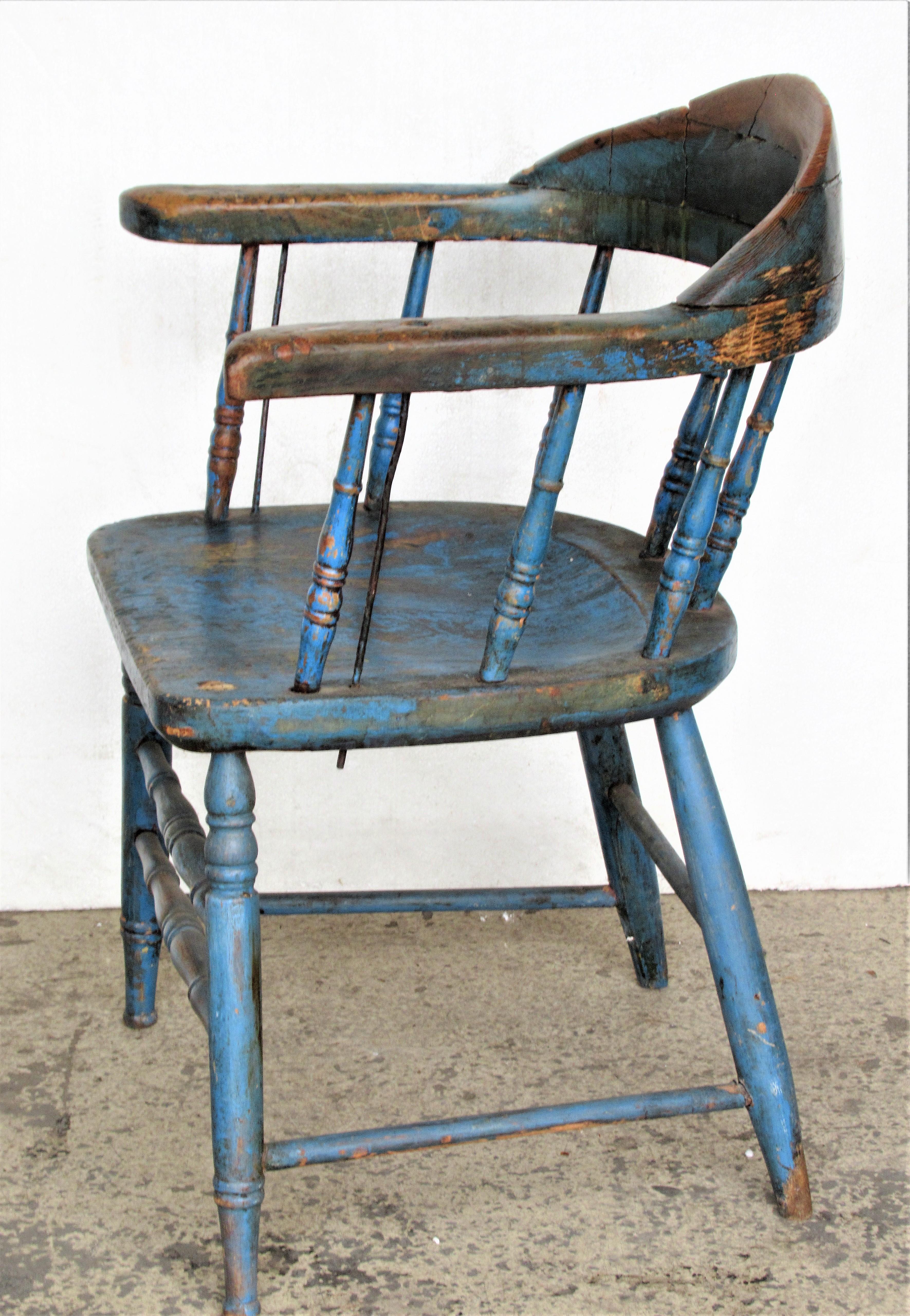 Antique American Firehouse Windsor Chair in Old Blue Paint 1