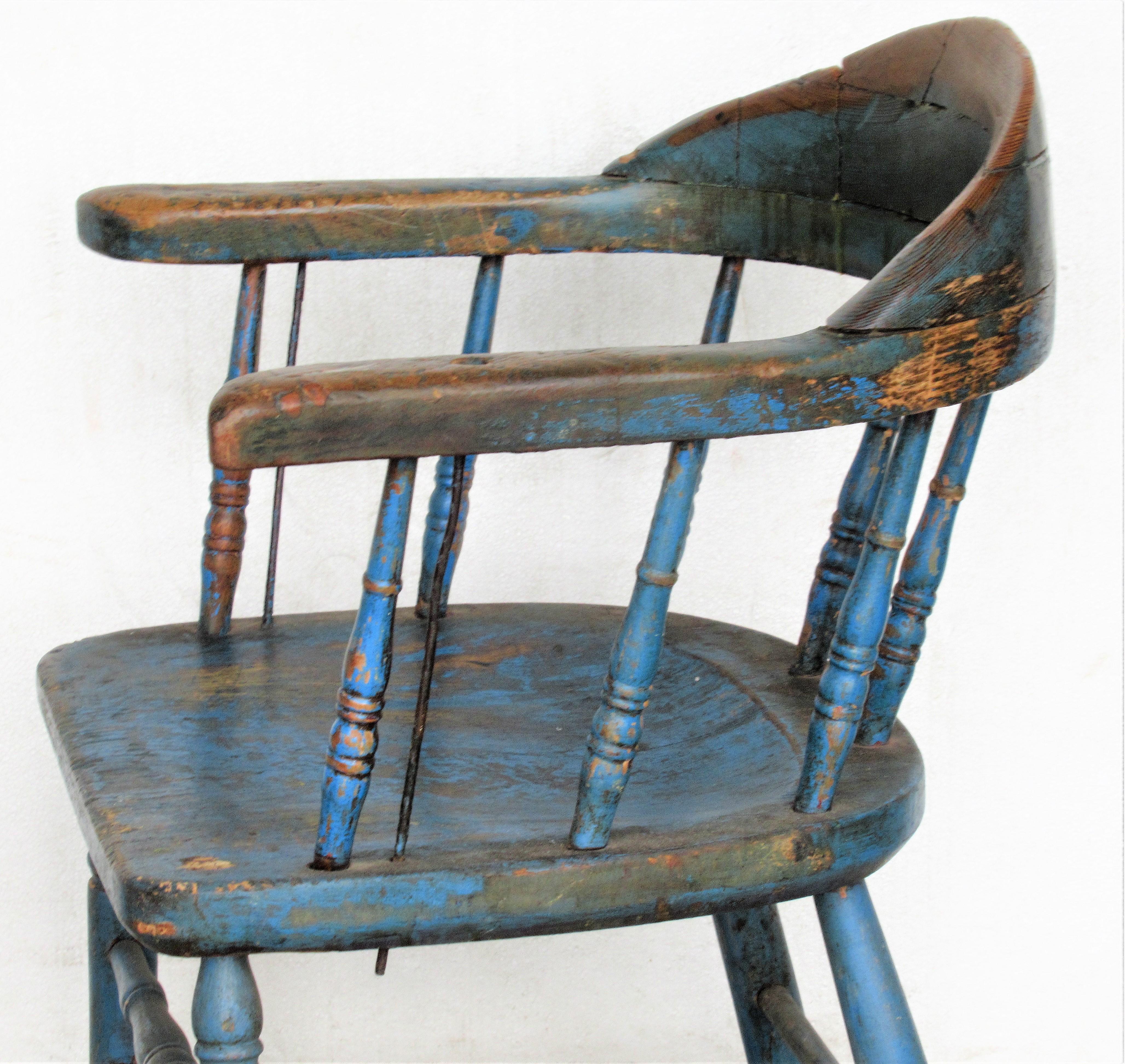Antique American Firehouse Windsor Chair in Old Blue Paint 2