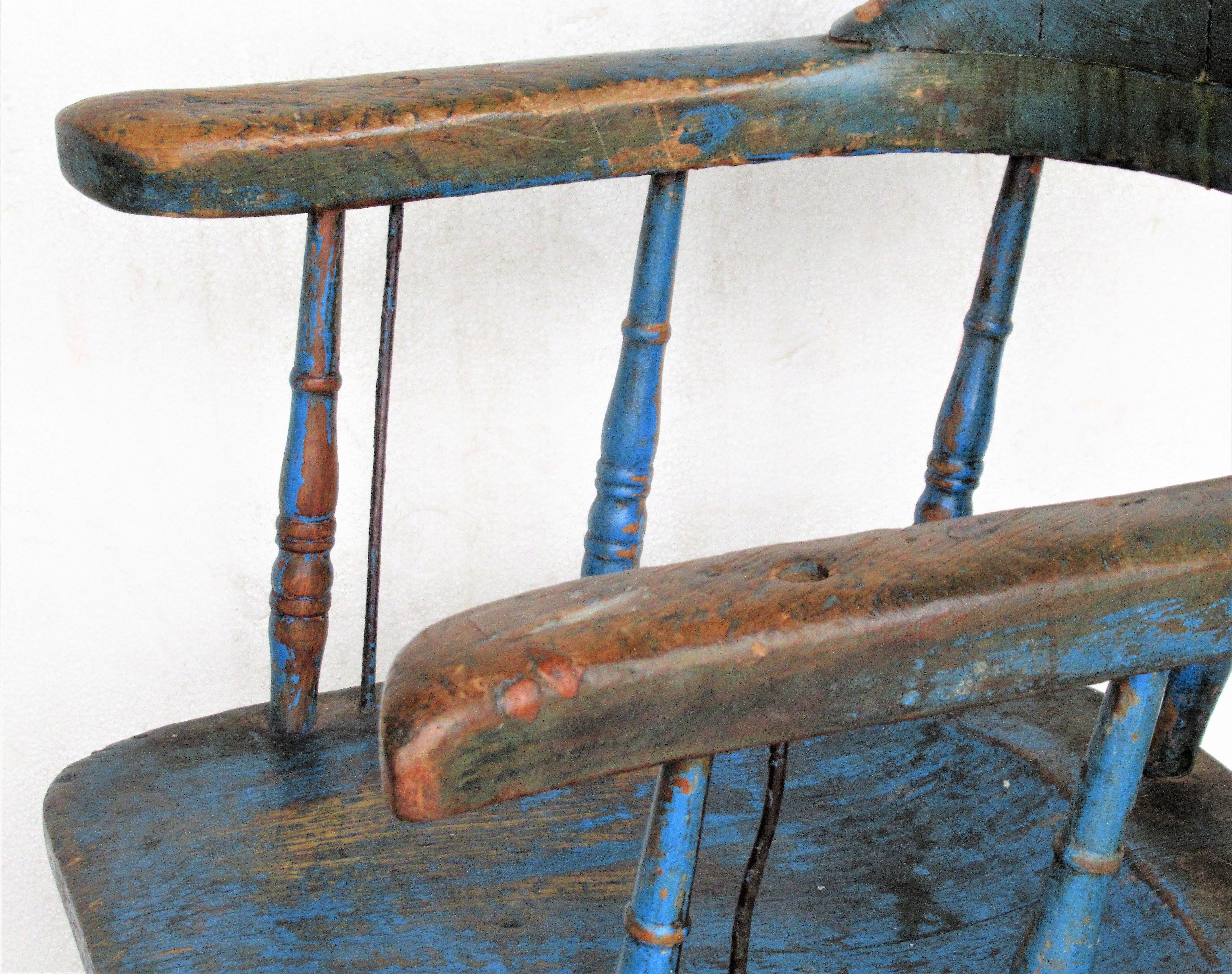 Antique American Firehouse Windsor Chair in Old Blue Paint 4