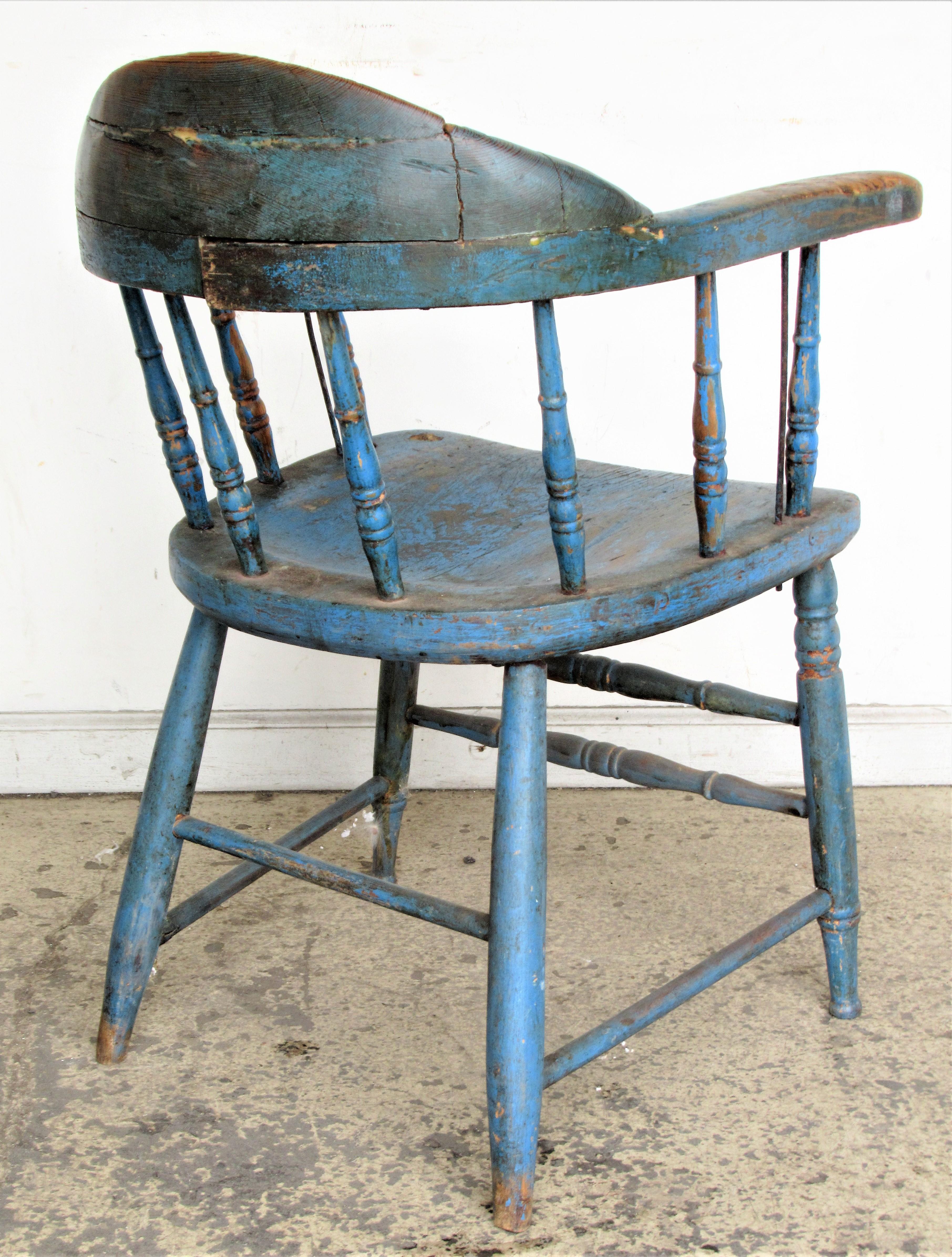 Antique American Firehouse Windsor Chair in Old Blue Paint 5