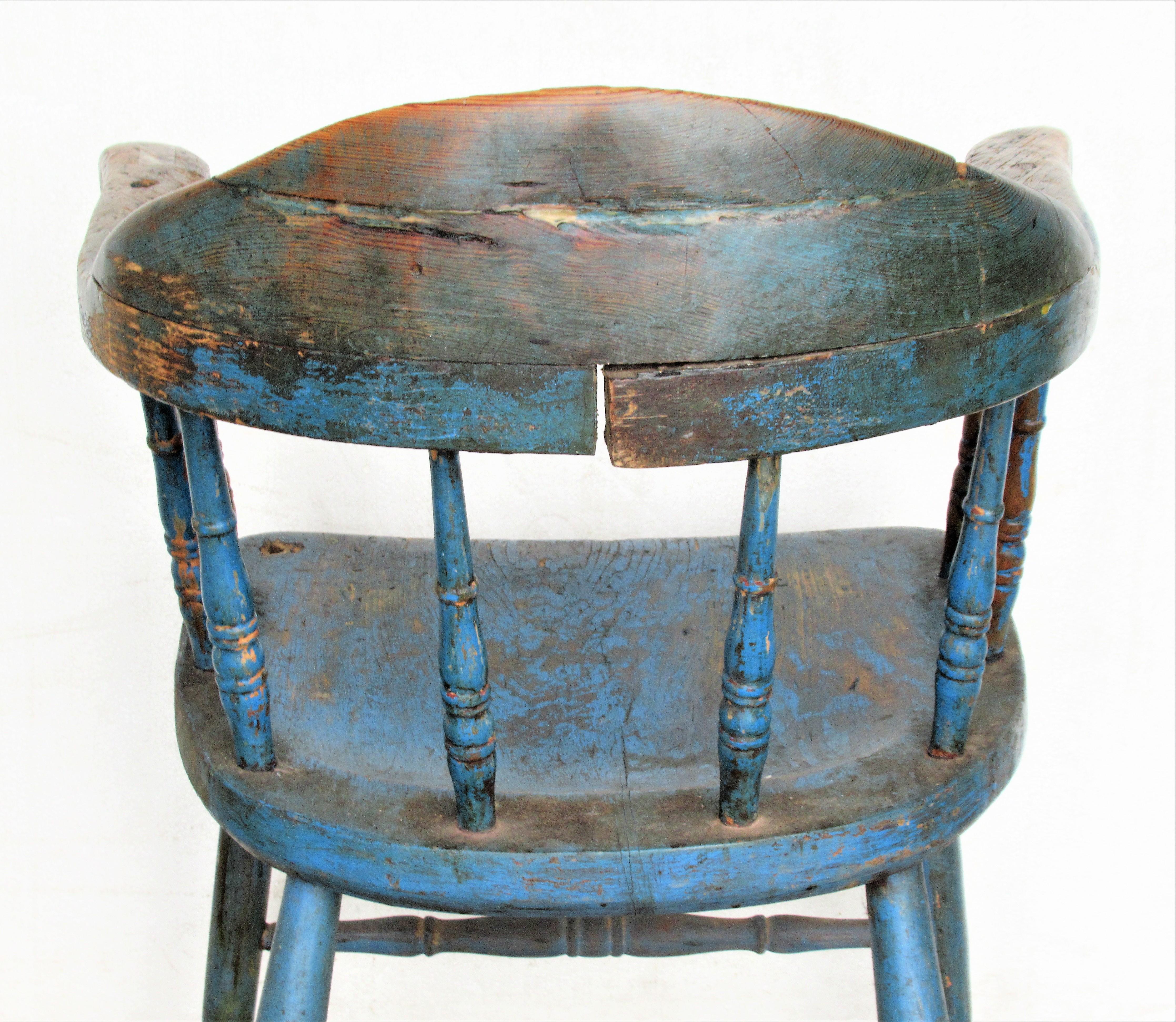 Antique American Firehouse Windsor Chair in Old Blue Paint 7
