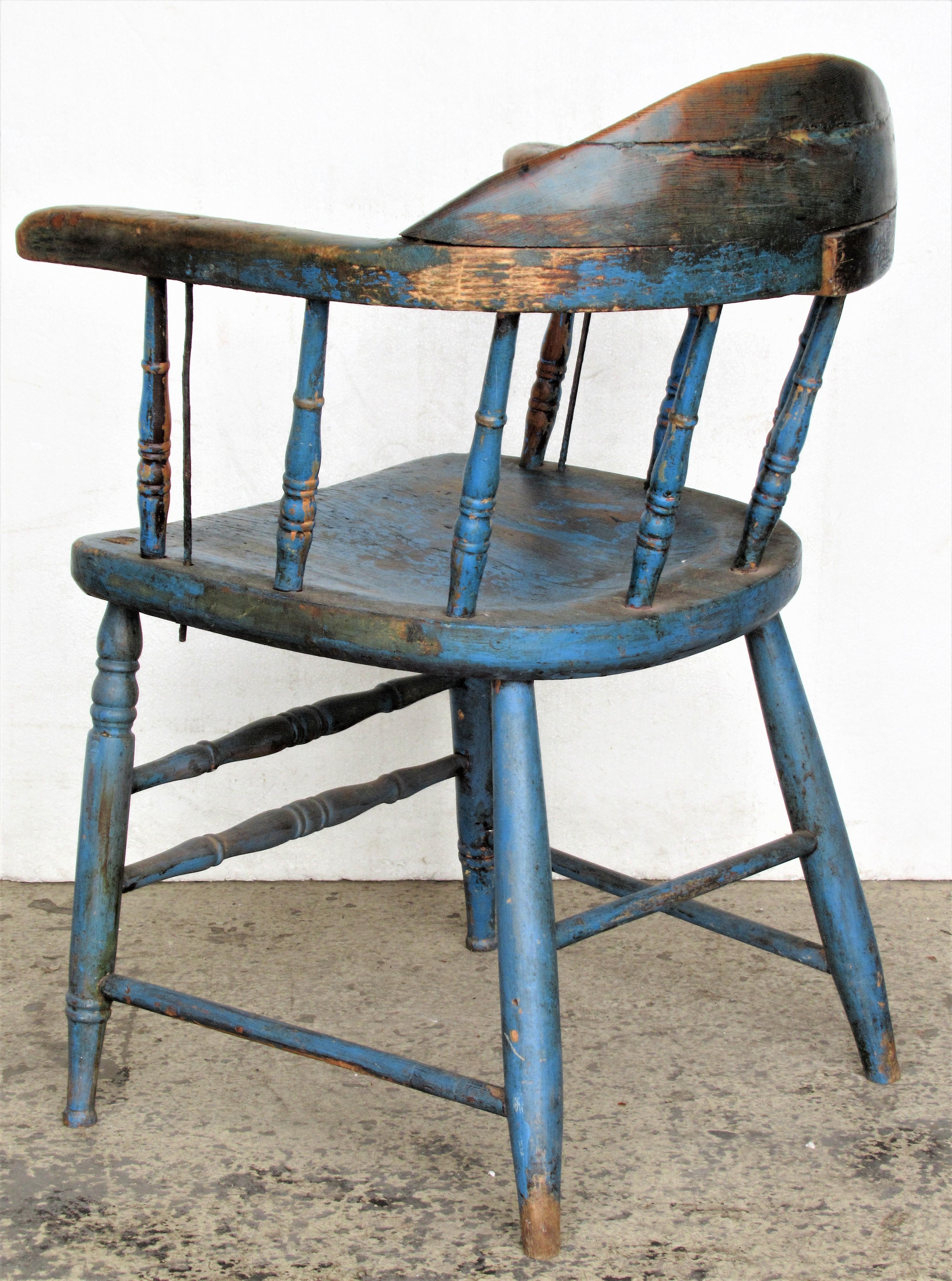 Antique American Firehouse Windsor Chair in Old Blue Paint 8
