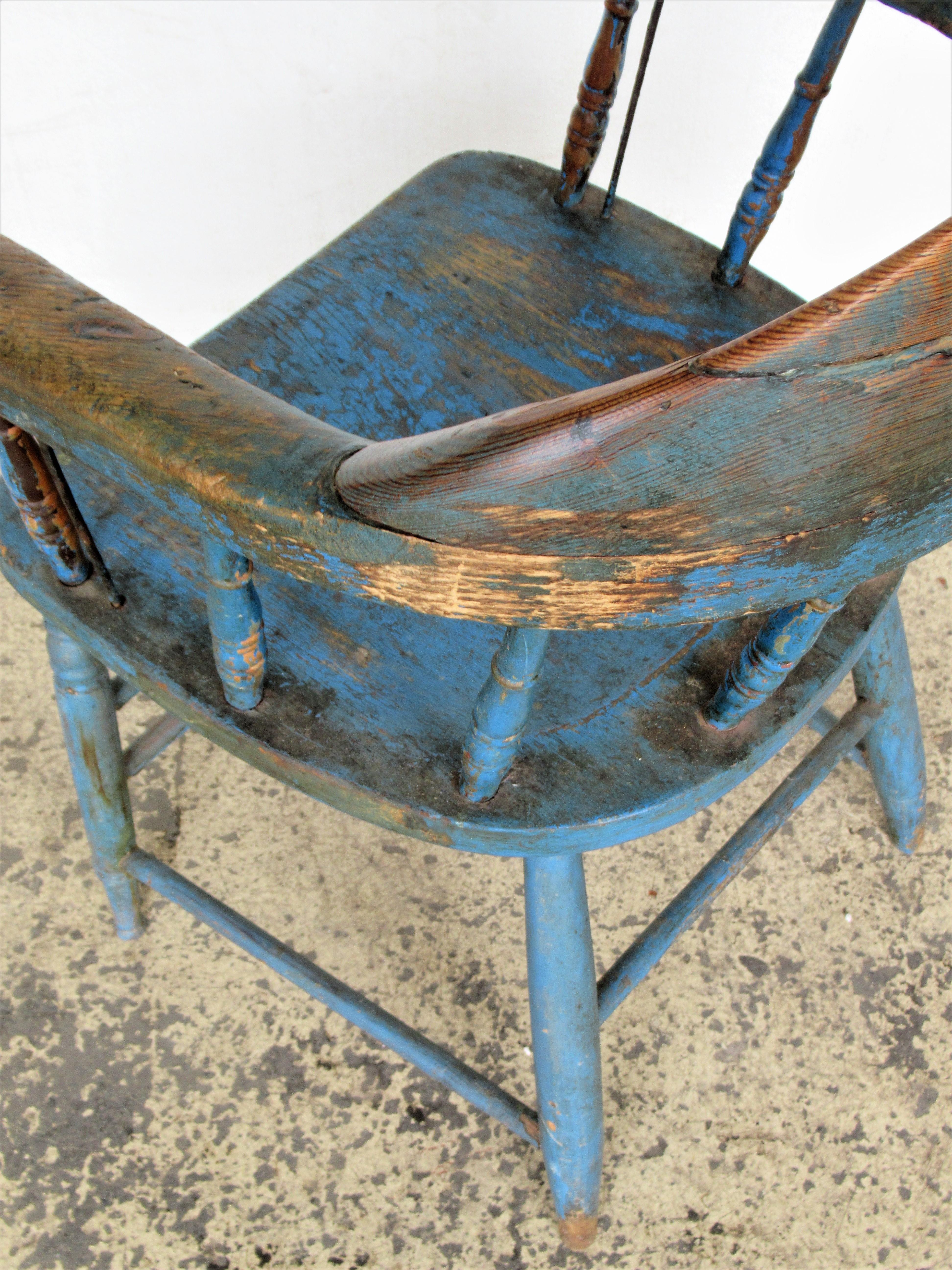 Antique American Firehouse Windsor Chair in Old Blue Paint 9