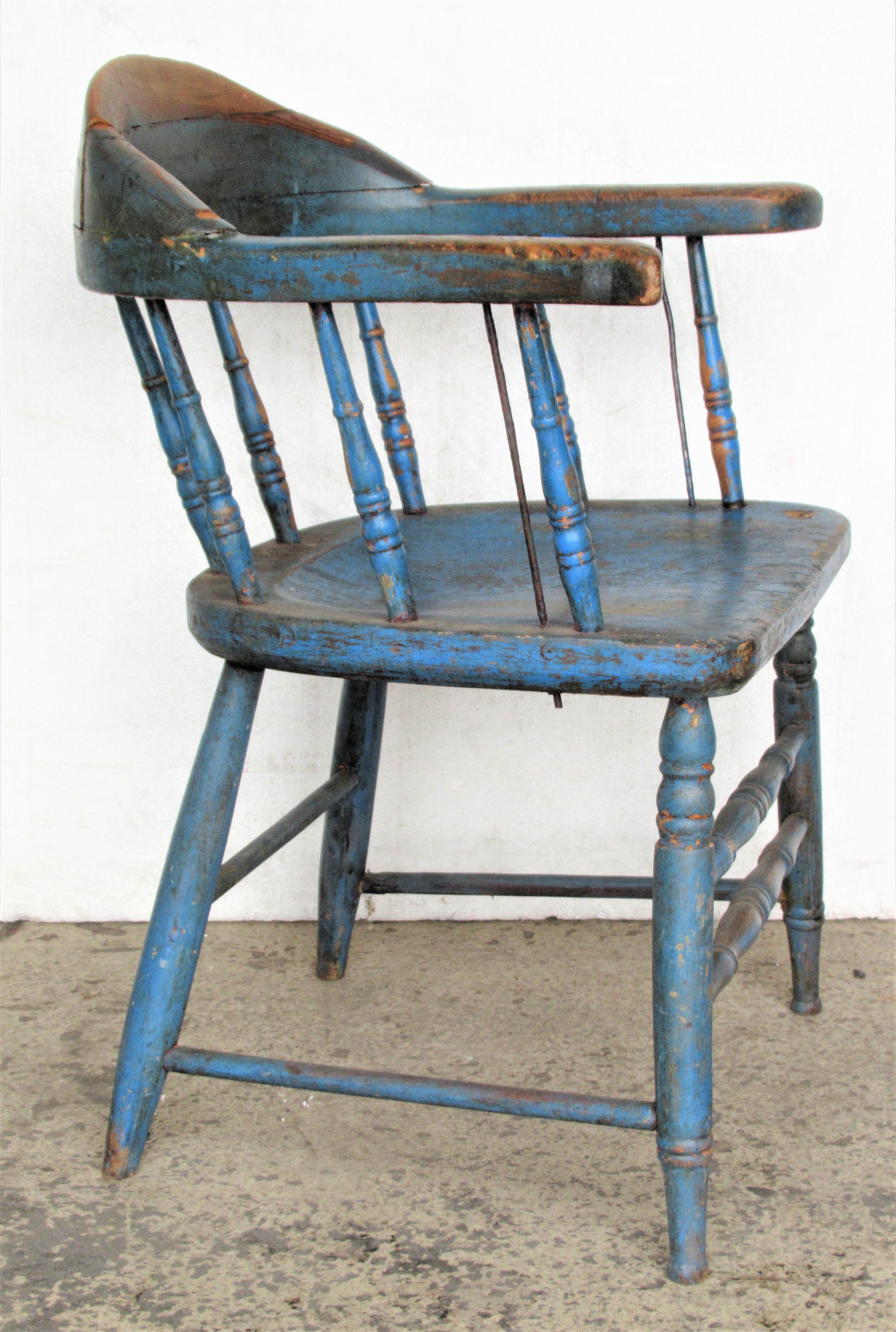 Antique American Firehouse Windsor Chair in Old Blue Paint 10