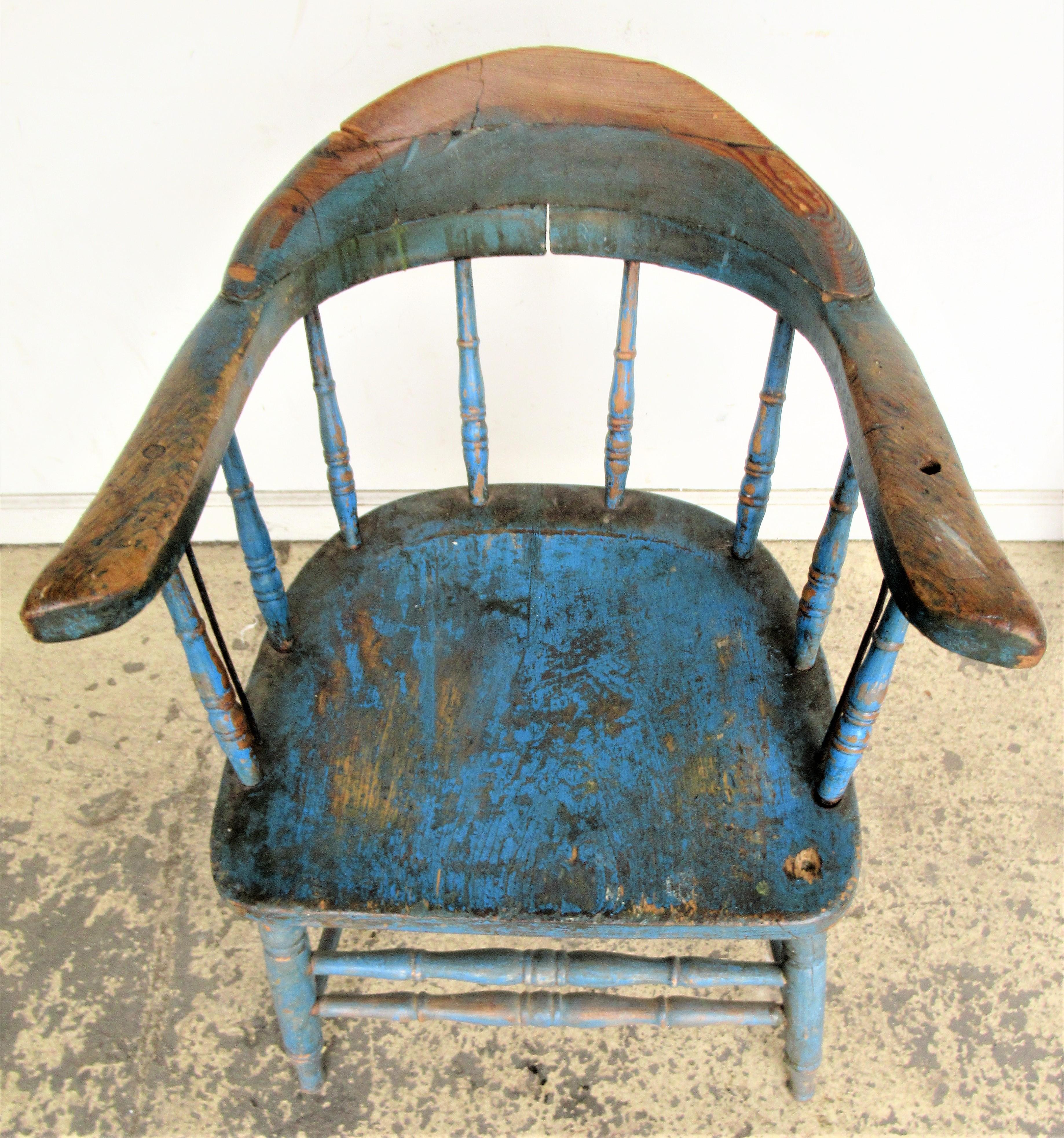 Painted Antique American Firehouse Windsor Chair in Old Blue Paint