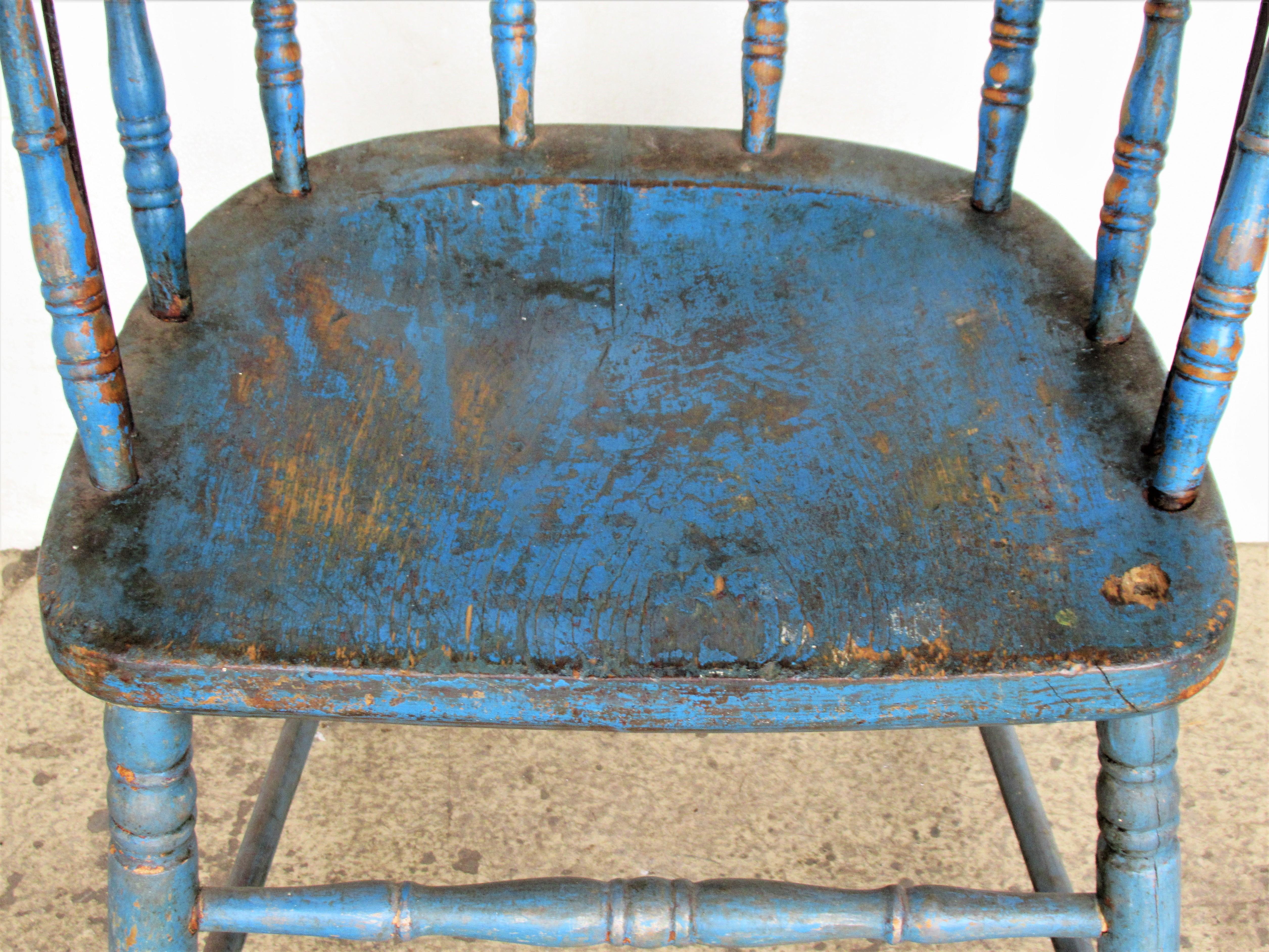 Antique American Firehouse Windsor Chair in Old Blue Paint In Distressed Condition In Rochester, NY