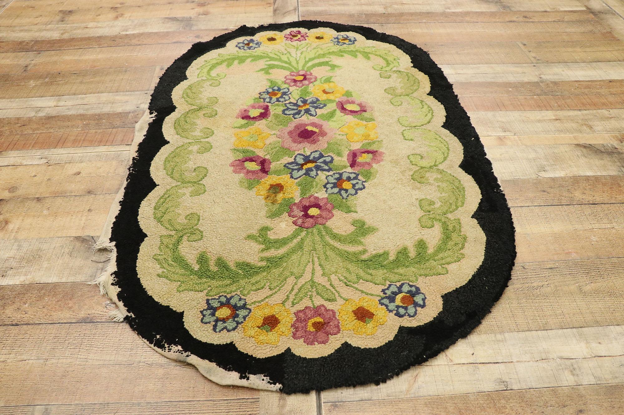 American Colonial Antique American Floral Hooked Oval Rug with English Country Chintz Style For Sale