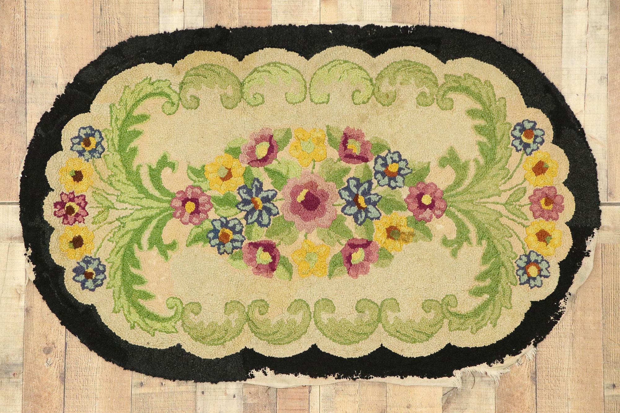 Hand-Knotted Antique American Floral Hooked Oval Rug with English Country Chintz Style For Sale