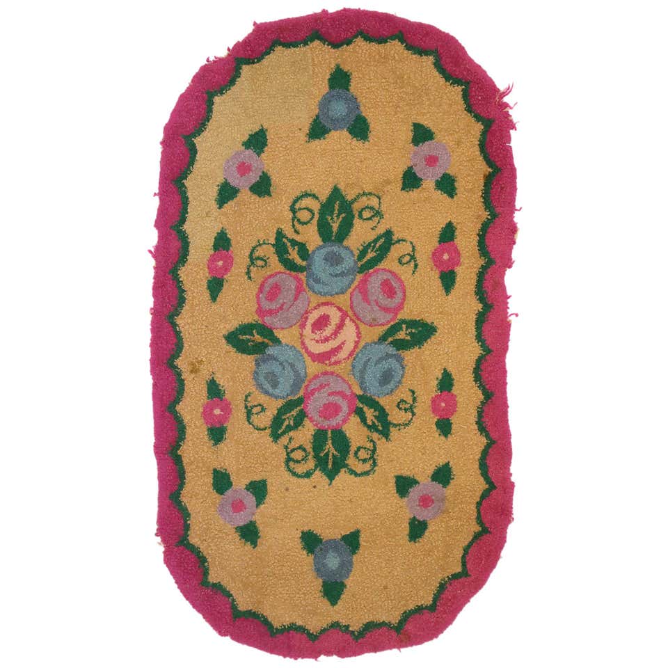 Vintage Oval American Hooked Rug with Large Flower Design For Sale at ...