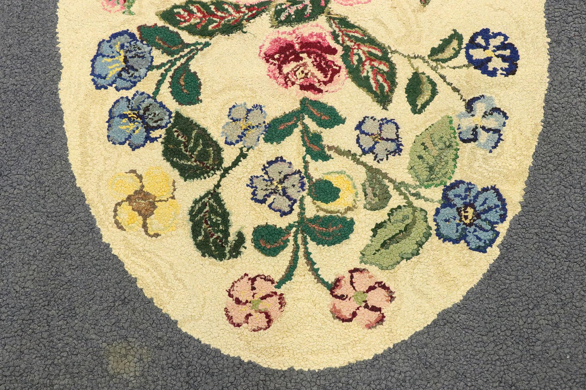 American Colonial Antique American Floral Hooked Rug with English Chintz Style For Sale
