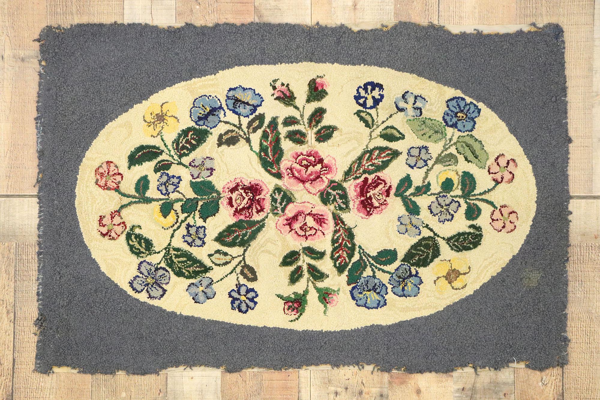 20th Century Antique American Floral Hooked Rug with English Chintz Style For Sale