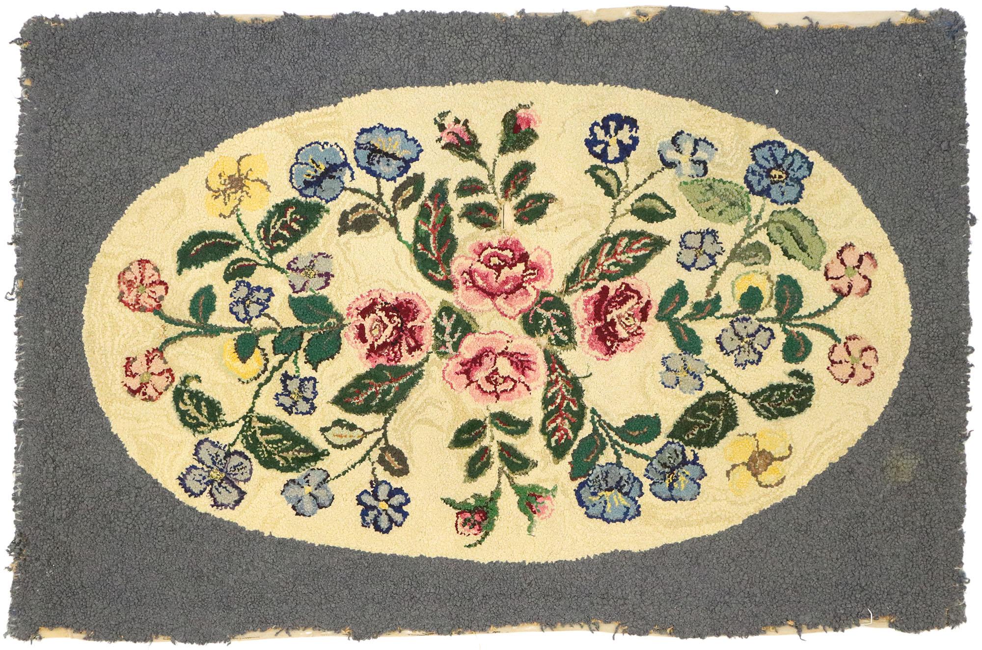 Wool Antique American Floral Hooked Rug with English Chintz Style For Sale