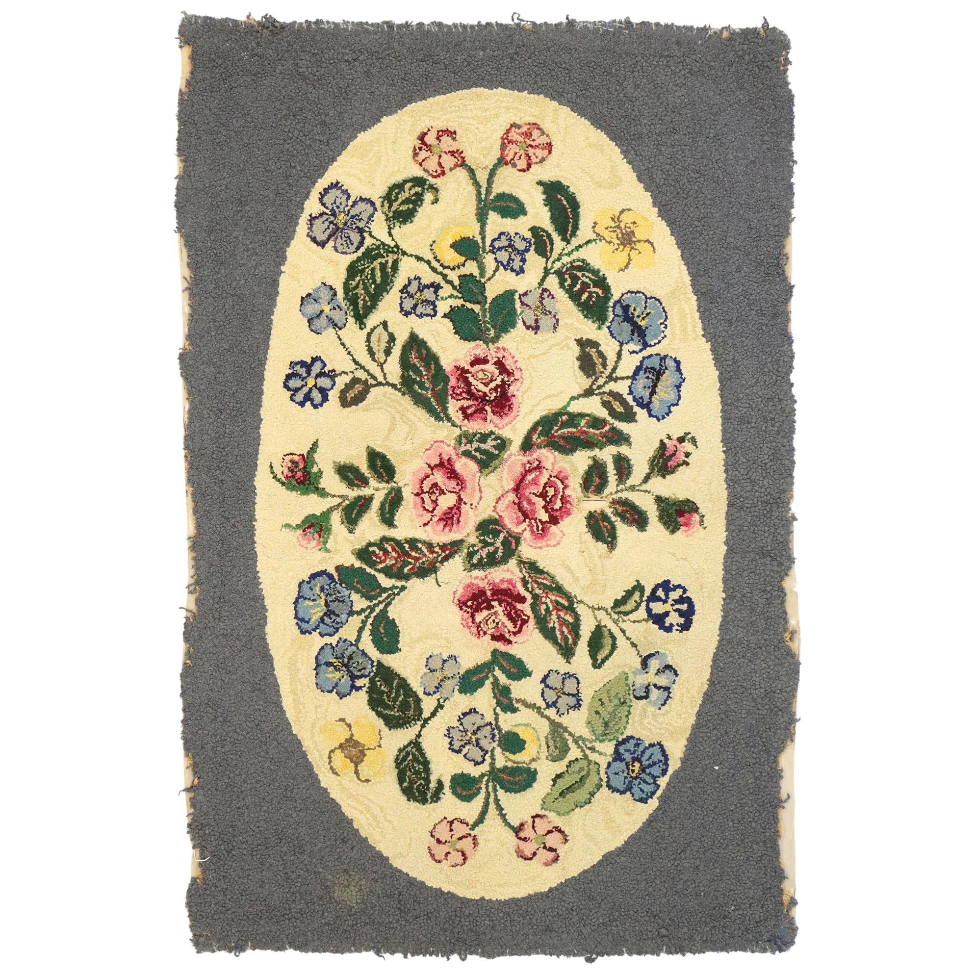 Antique American Floral Hooked Rug with English Chintz Style