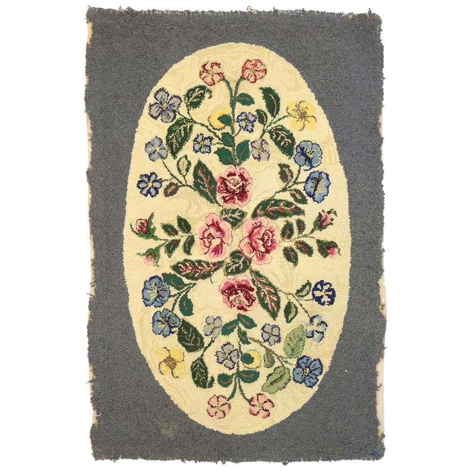 Distressed Antique American Hooked Floral Rug with Cozy Cottage ...