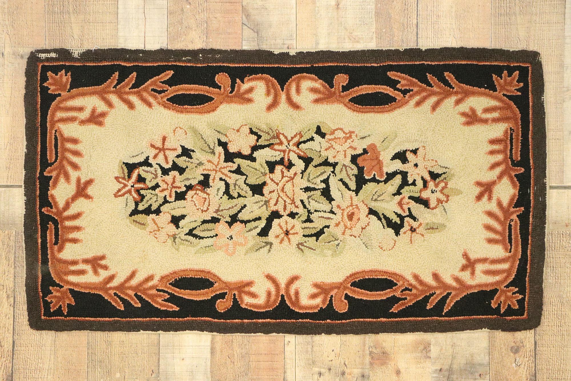 Wool Antique American Floral Hooked Rug with French Provincial Style For Sale