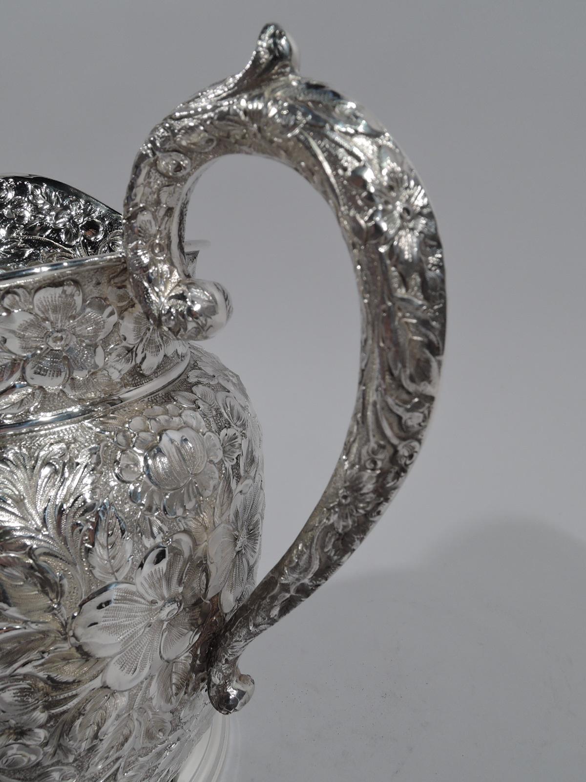 Antique American Floral Repousse Sterling Silver Water Pitcher In Excellent Condition In New York, NY