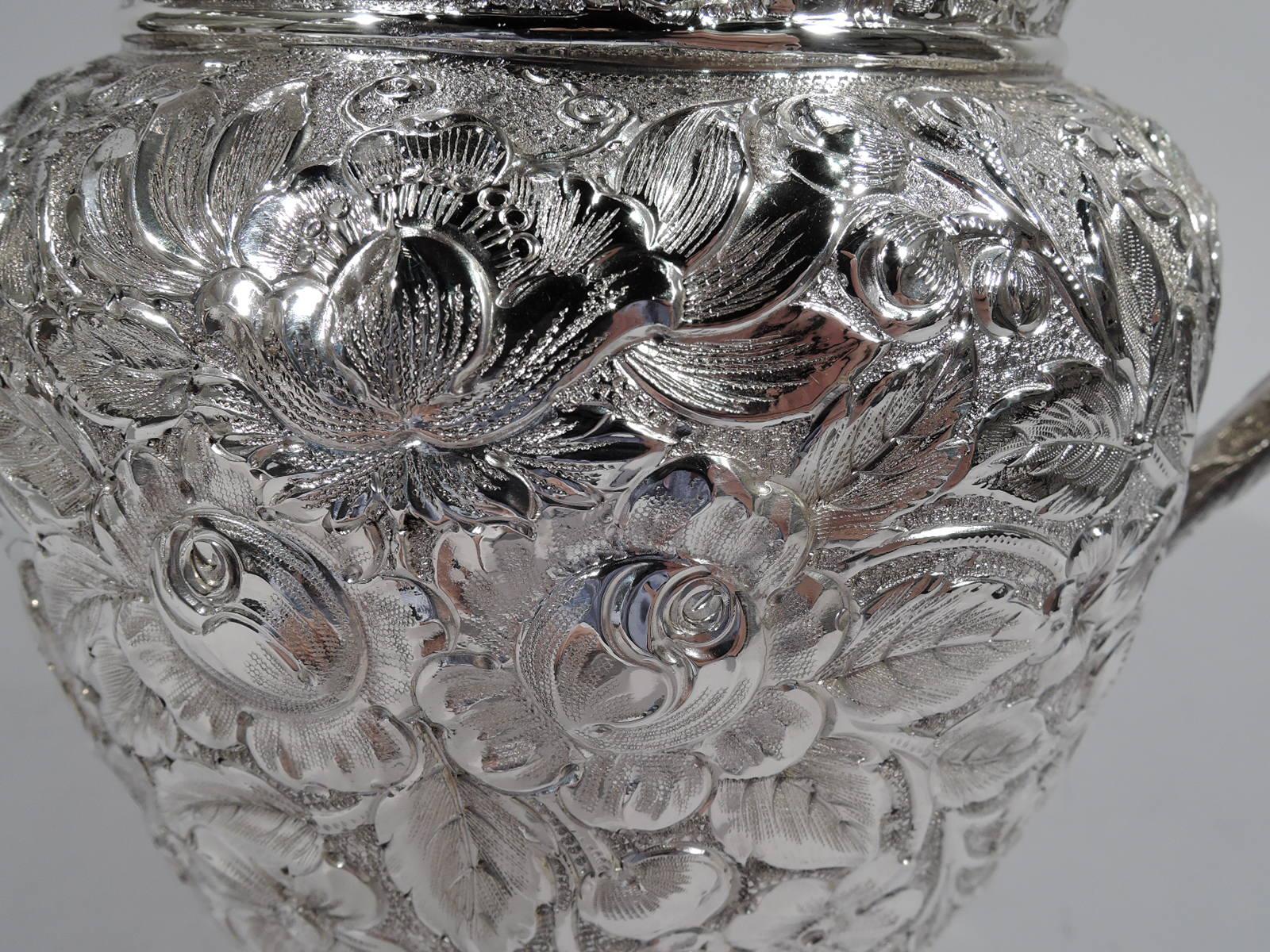 20th Century Antique American Floral Repousse Sterling Silver Water Pitcher