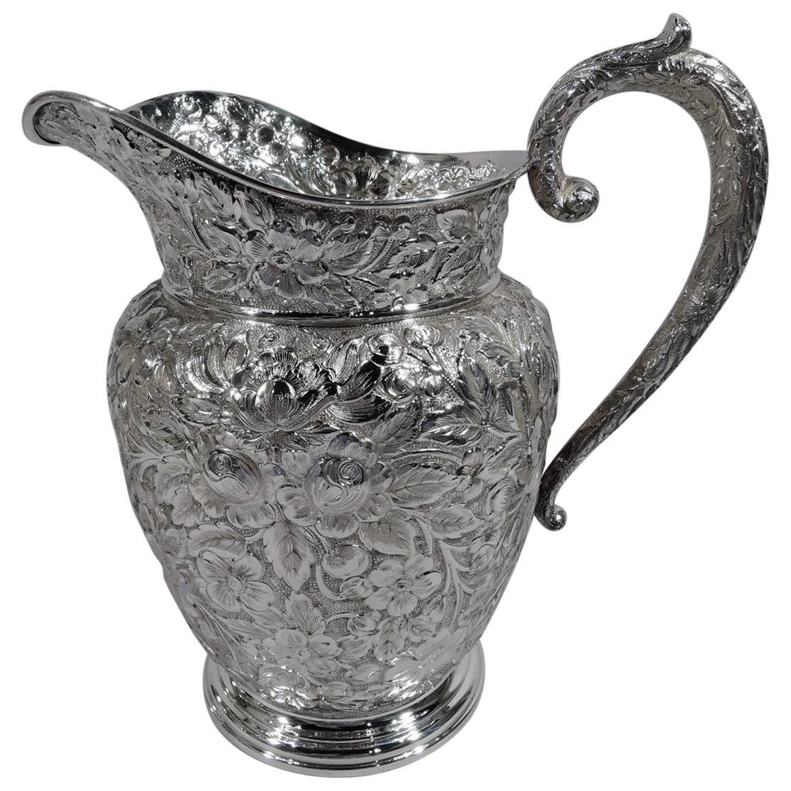Antique American Floral Repousse Sterling Silver Water Pitcher