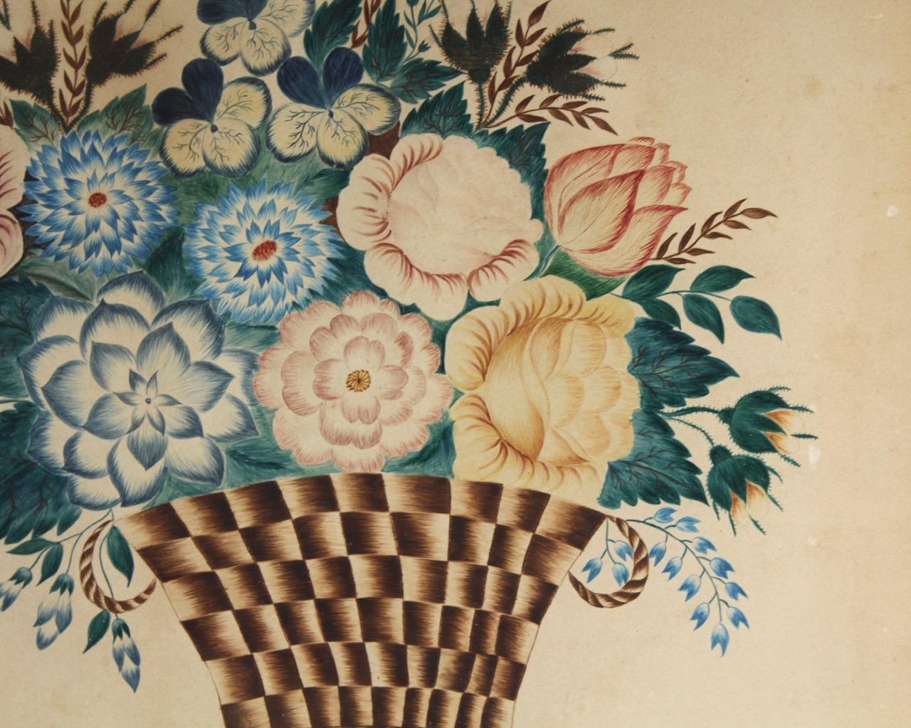Antique American Folk Art Watercolor Theorem Drawing of a Basket with Flowers 4