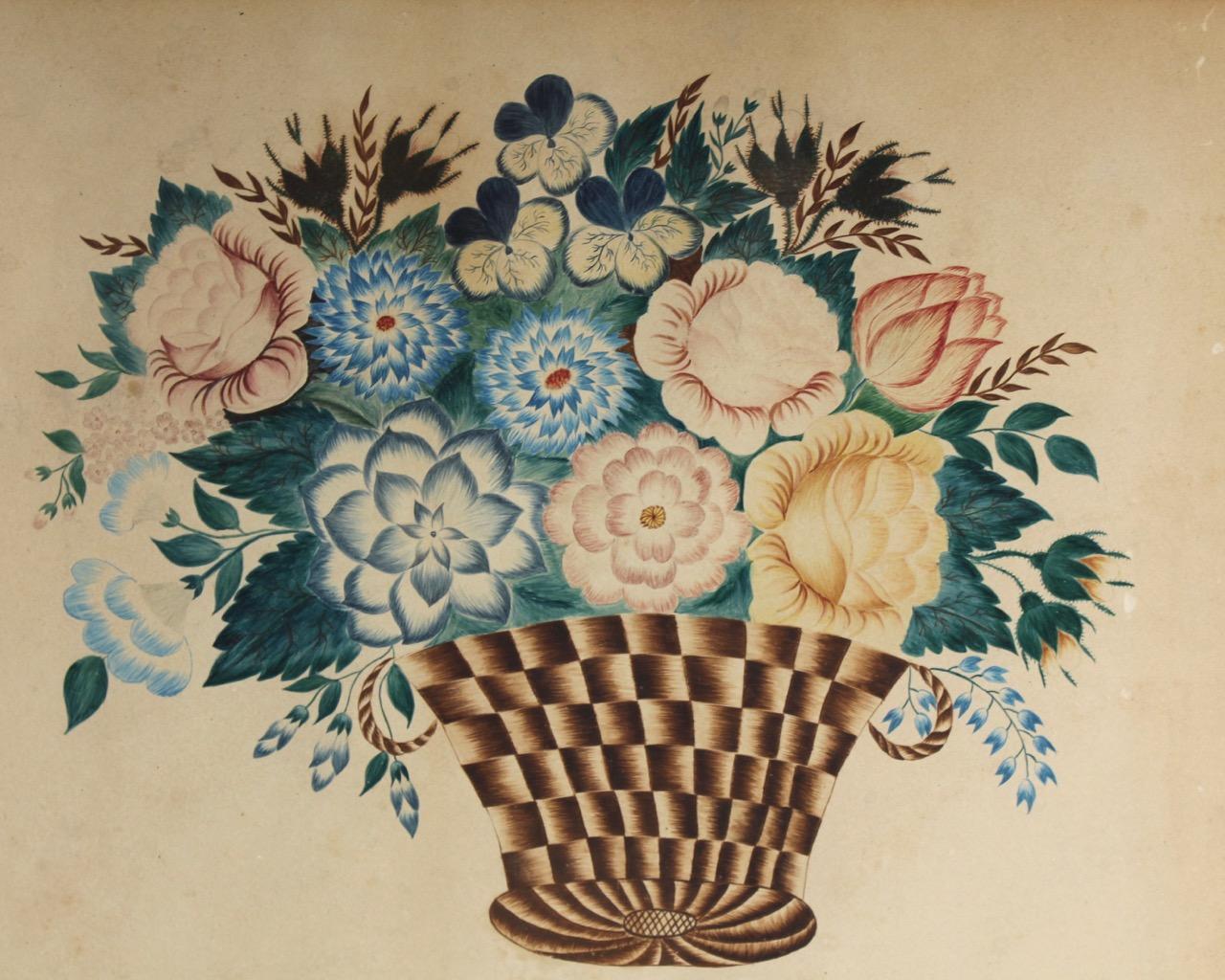 Antique American Folk Art Watercolor Theorem Drawing of a Basket with Flowers In Good Condition In Philadelphia, PA
