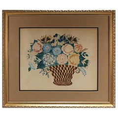 Antique American Folk Art Watercolor Theorem Drawing of a Basket with Flowers