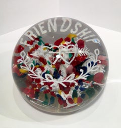 Antique American Frit "Friendship" Arrow Pierced Hearts Colorful Orb Paperweight