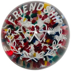Antique American Frit "Friendship" Arrow Pierced Hearts Colorful Orb Paperweight