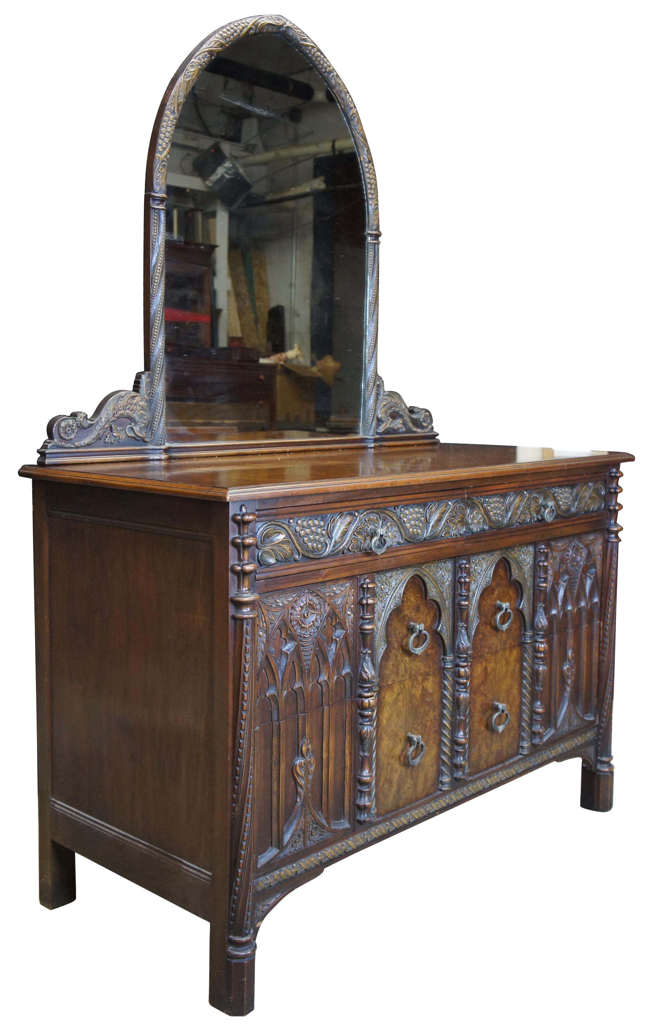 American Furniture Company Gothic or Spanish Renaissance Revival dresser and mirror. Operating out of Batesville Indiana since 1899, they worked closely and collaborated in part with Romweber. Specializing in high grade bedroom suites & furniture.