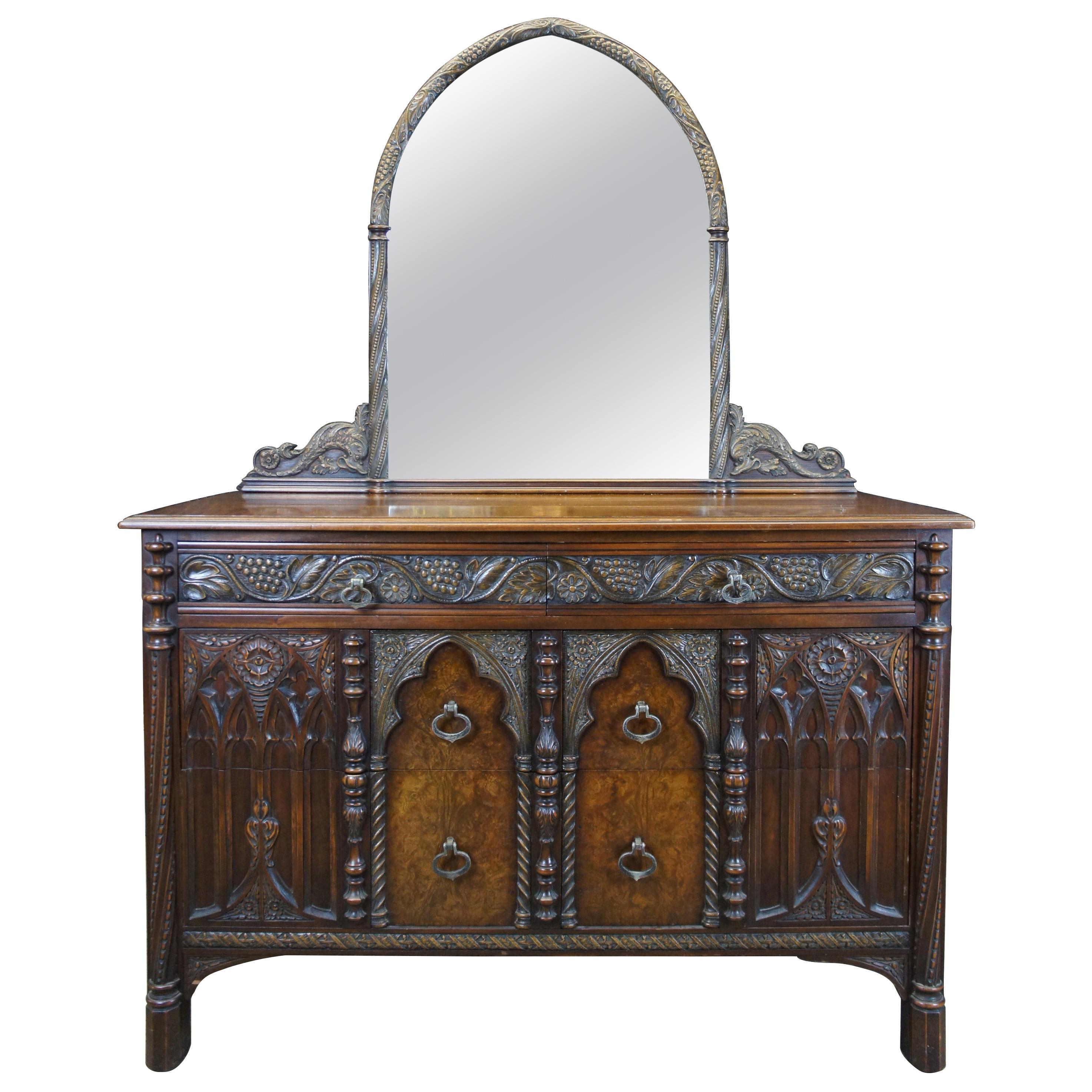 Antique American Furniture Co Gothic Revival Walnut Burl Carved Dresser & Mirror