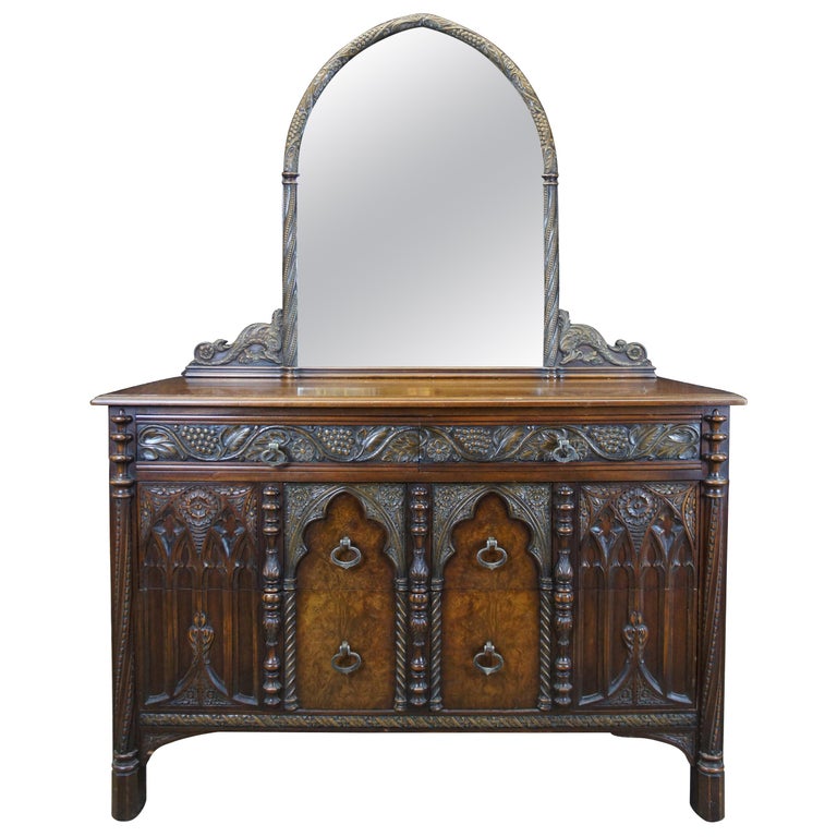 Antique American Furniture Co Gothic Revival Walnut Burl Carved Dresser and  Mirror at 1stDibs | american furniture company batesville indiana, gothic  dresser with mirror