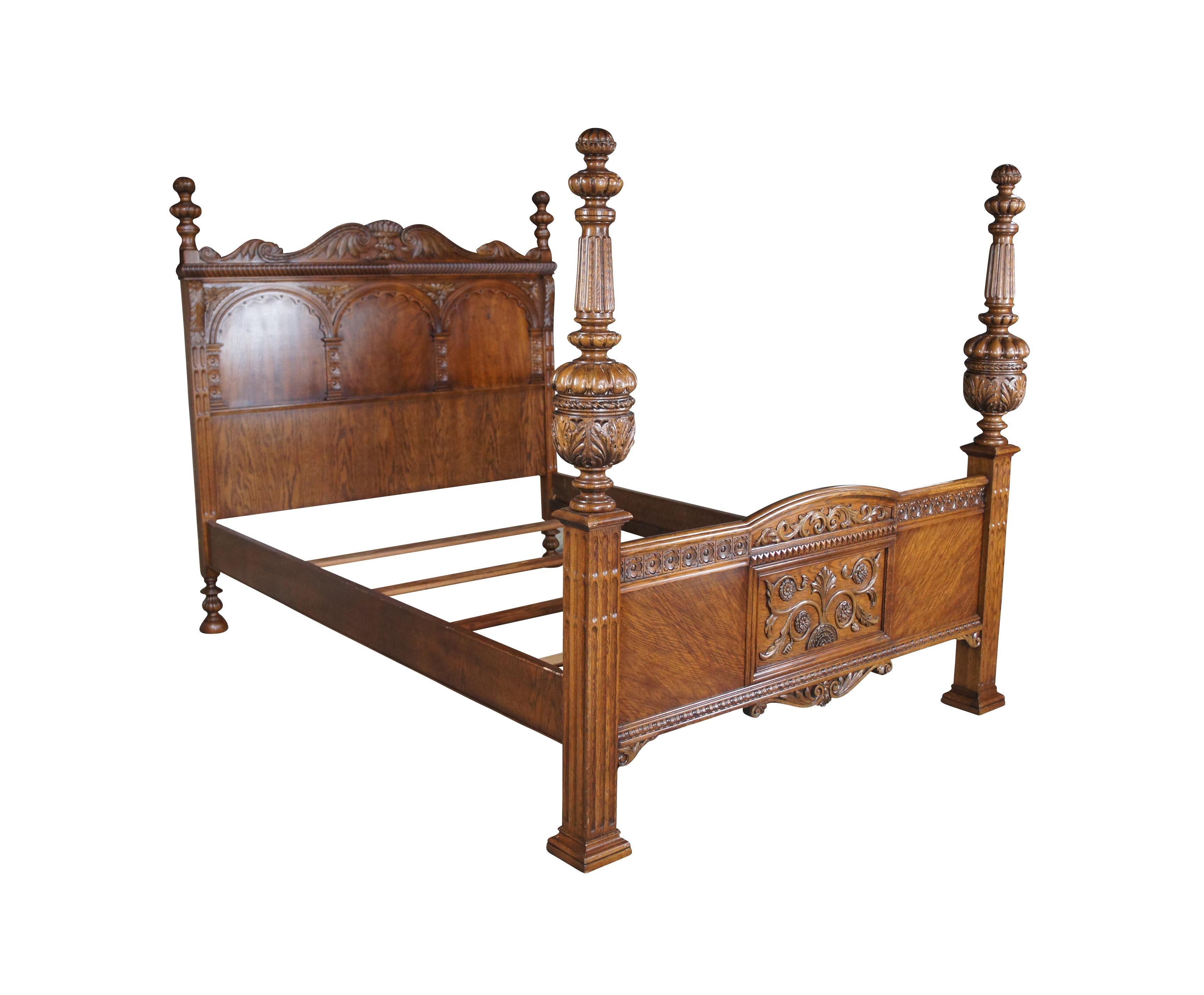 Antique American Furniture Elizabethan Jacobean Revival Oak Full Size Poster Bed In Good Condition For Sale In Dayton, OH
