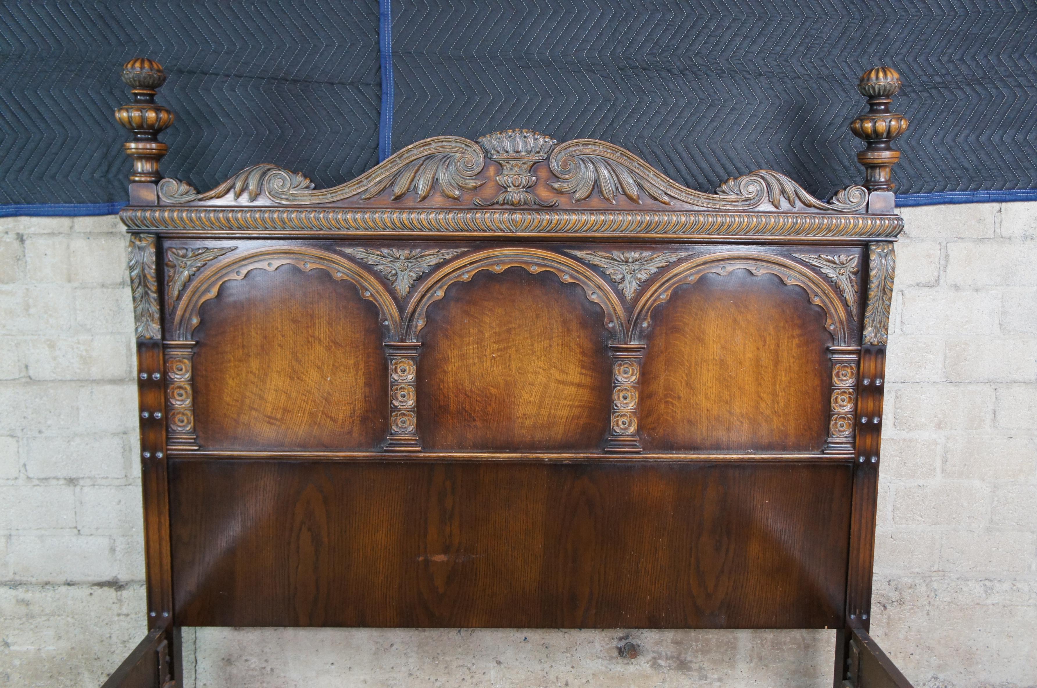 Antique American Furniture Elizabethan Jacobean Revival Oak Full Size Poster Bed In Good Condition In Dayton, OH