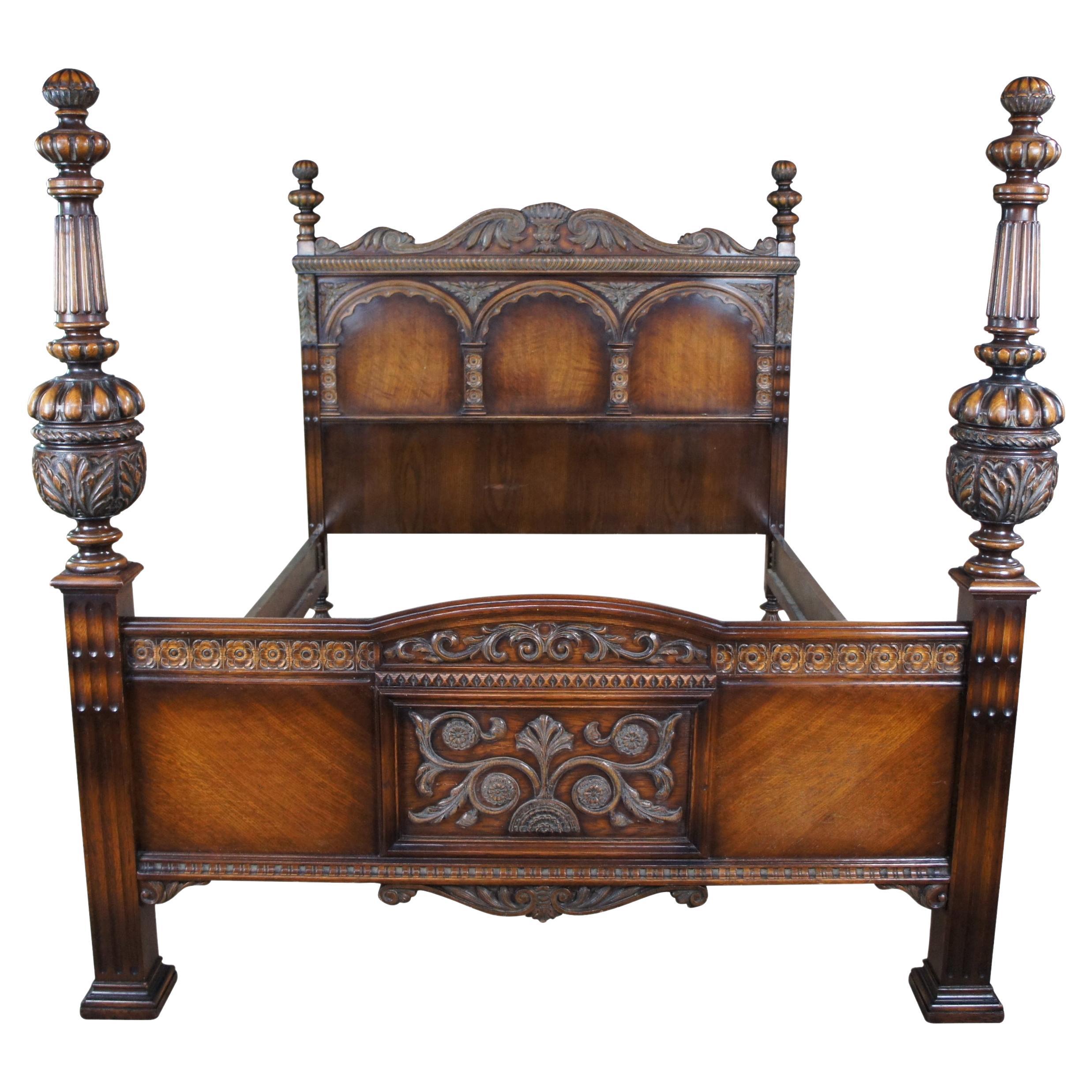 Antique American Furniture Elizabethan Jacobean Revival Oak Full Size Poster Bed