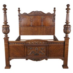 Antique American Furniture Elizabethan Jacobean Revival Oak Full Size Poster Bed