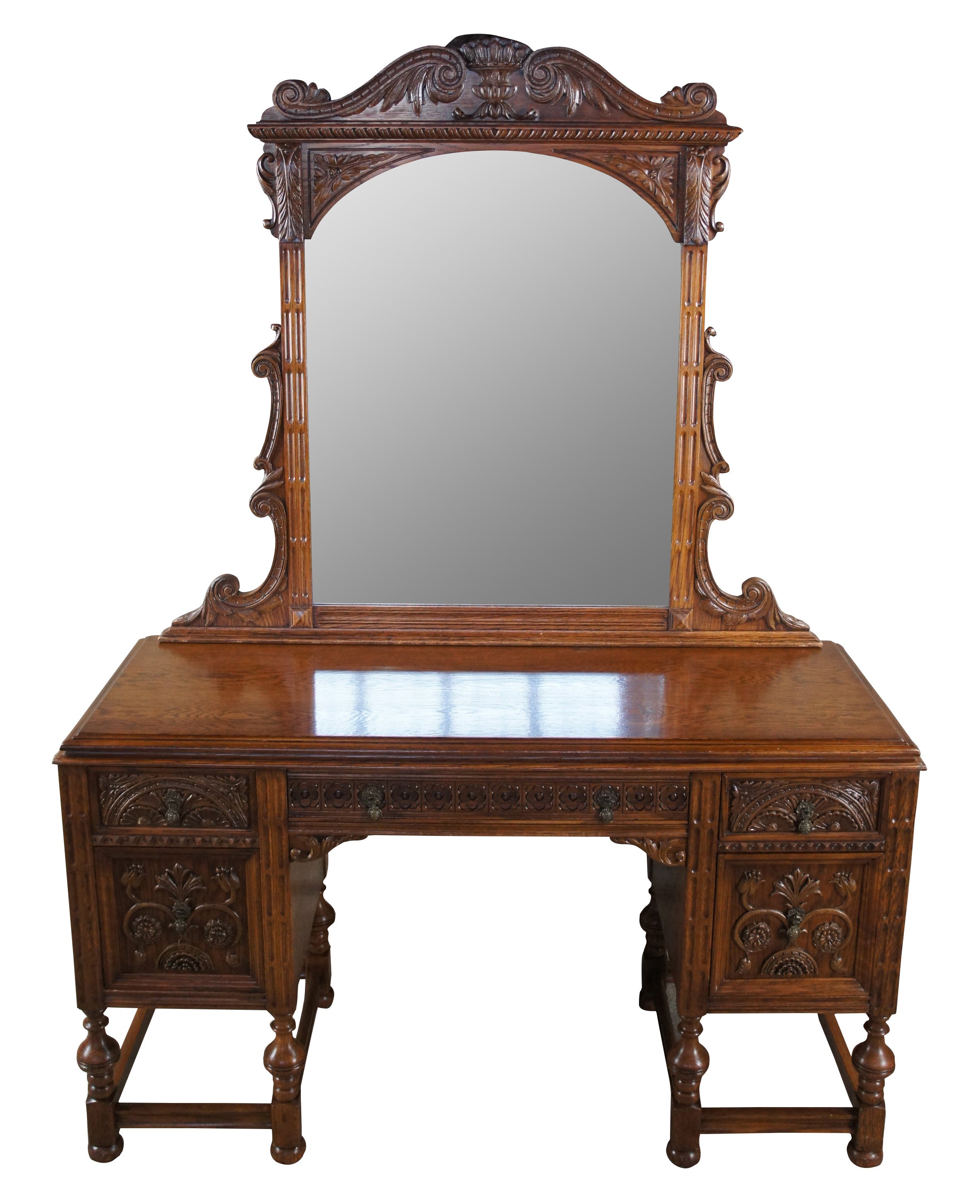 American Furniture Company Gothic or Spanish Renaissance Revival vanity desk and mirror. Operating out of Batesville Indiana since 1899, they worked closely and collaborated in part with Romweber. Specializing in high grade bedroom suites &