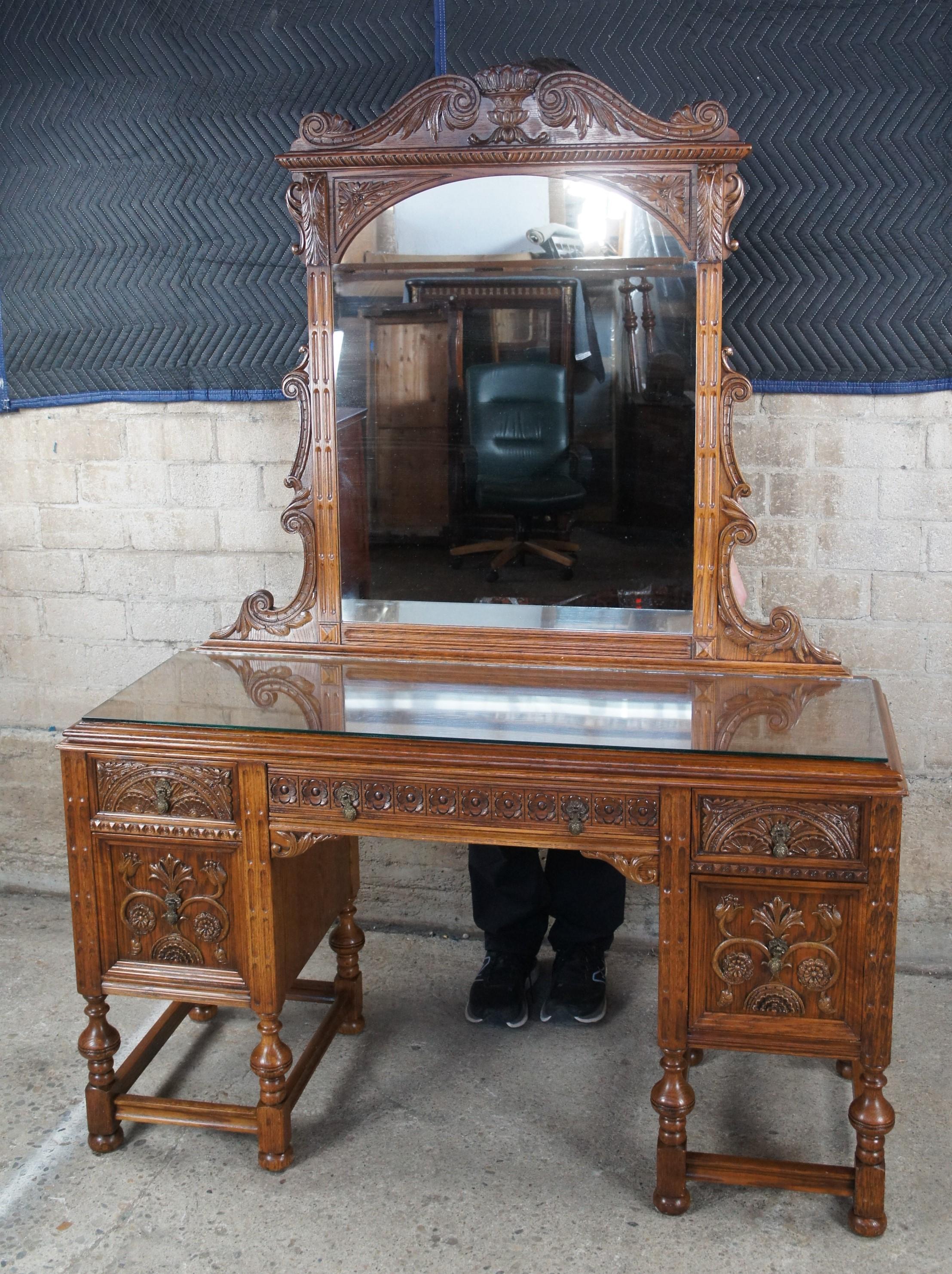 Mid-20th Century Antique American Furniture Gothic Carved Oak Vanity Desk Dressing Table & Mirror