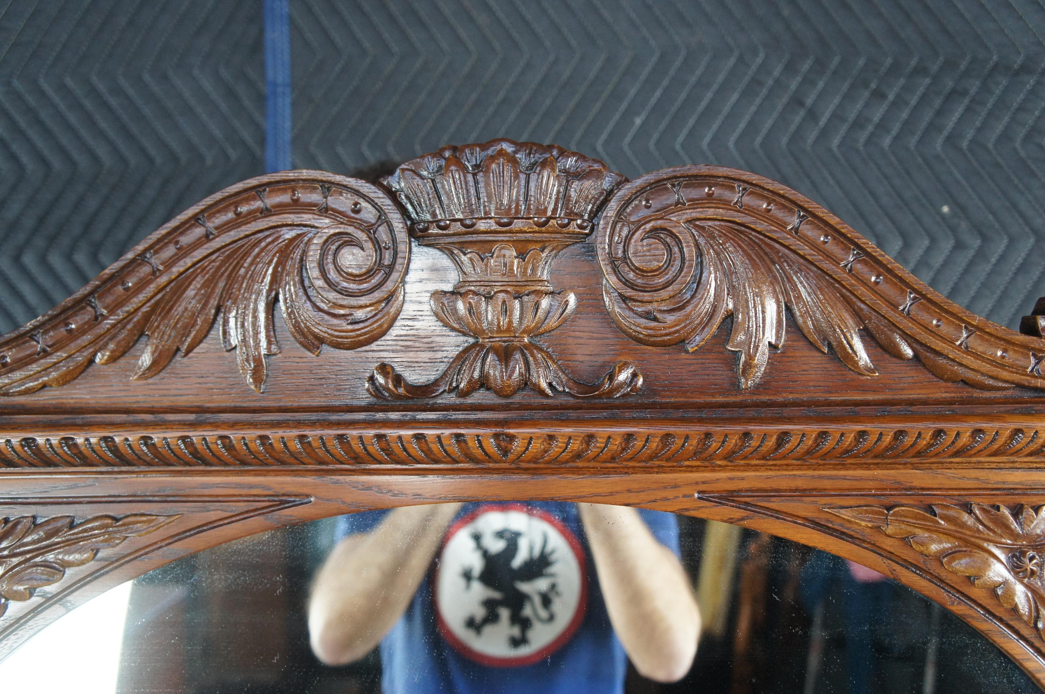 Brass Antique American Furniture Gothic Carved Oak Vanity Desk Dressing Table & Mirror