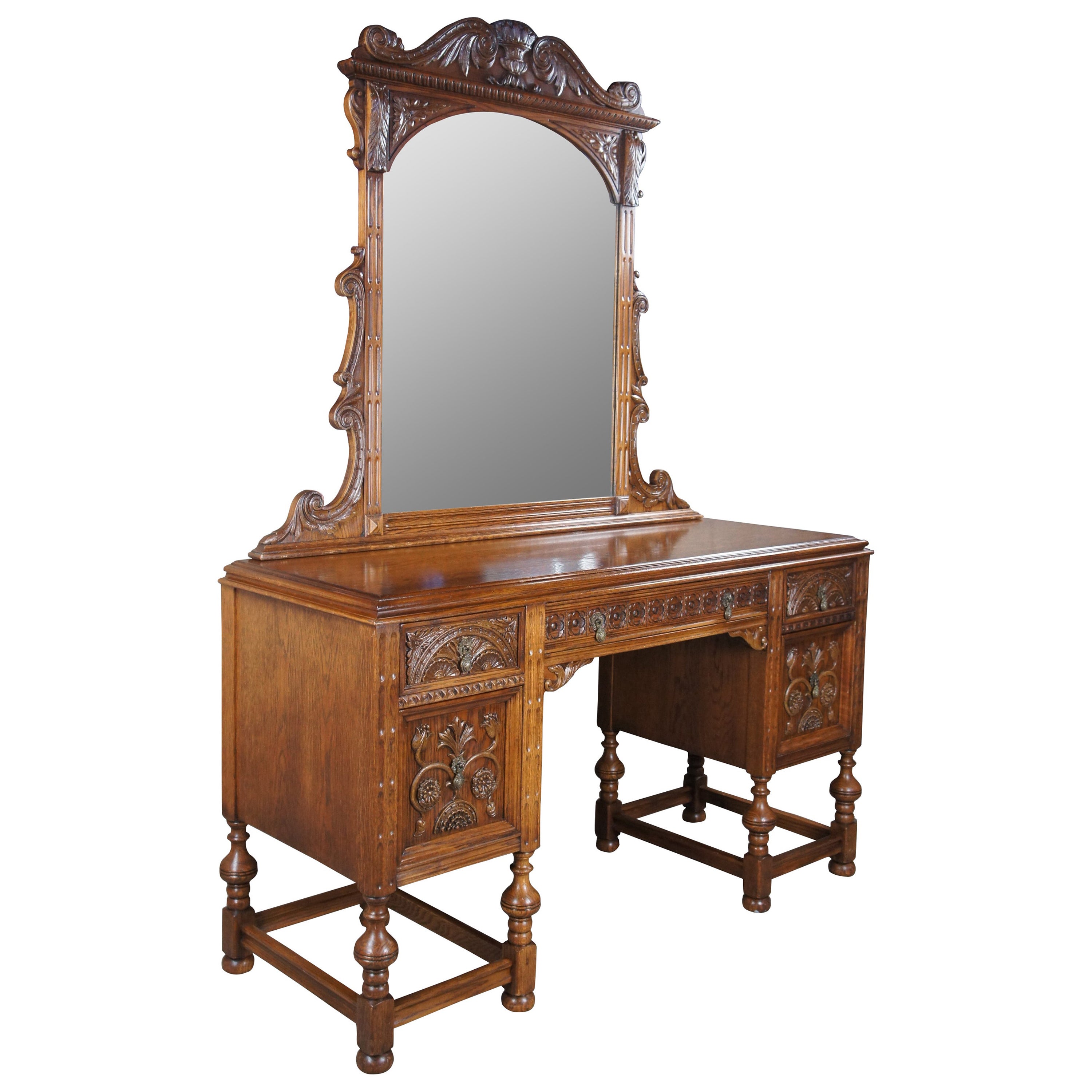 Antique American Furniture Gothic Carved Oak Vanity Desk Dressing Table & Mirror