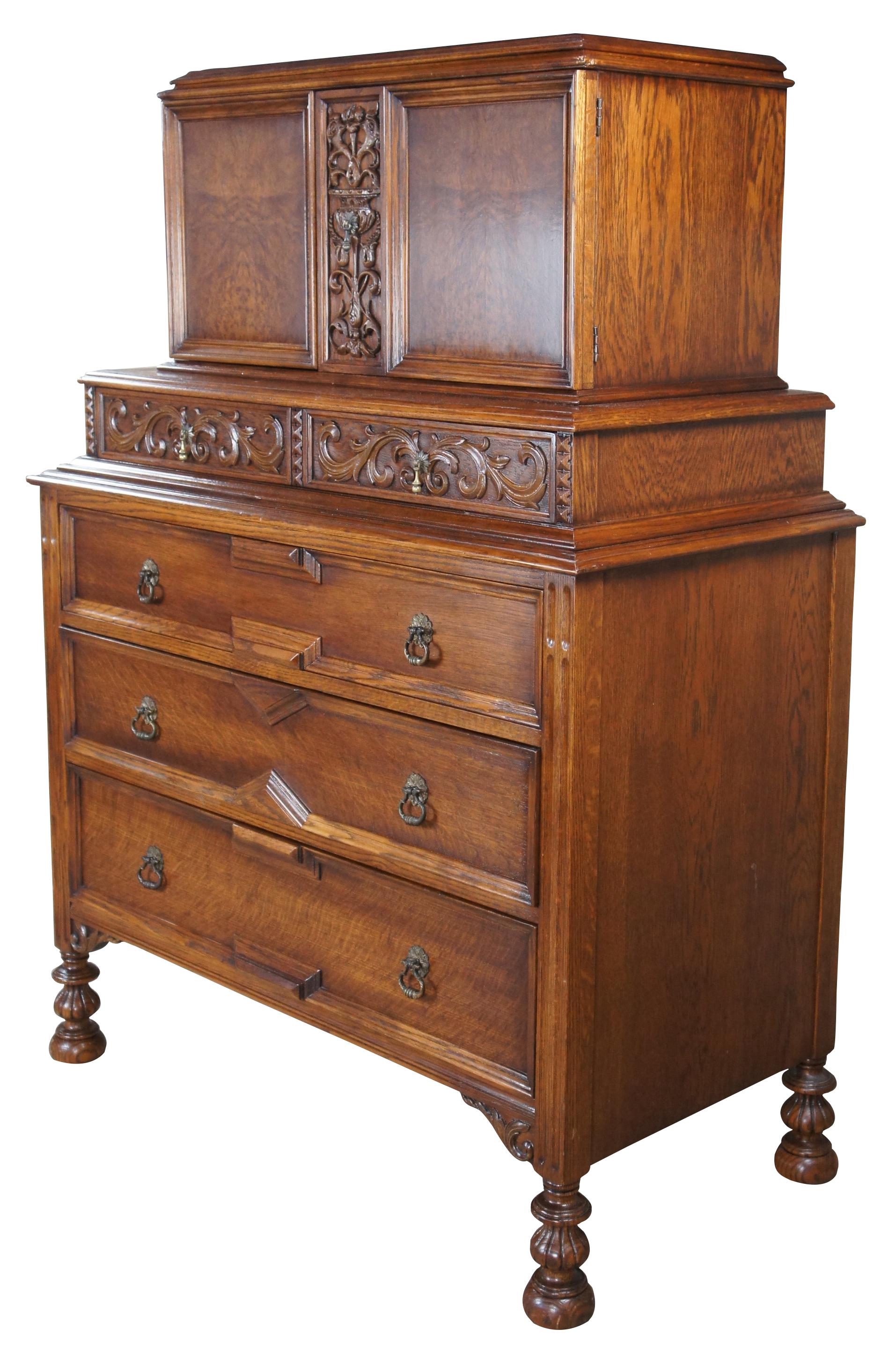 American Furniture Company Gothic or Spanish Renaissance Revival tallboy Gentleman's dresser or Chifforobe (chiffarobe or chifferobe), circa 1930s. Operating out of Batesville Indiana since 1899, they worked closely and collaborated in part with
