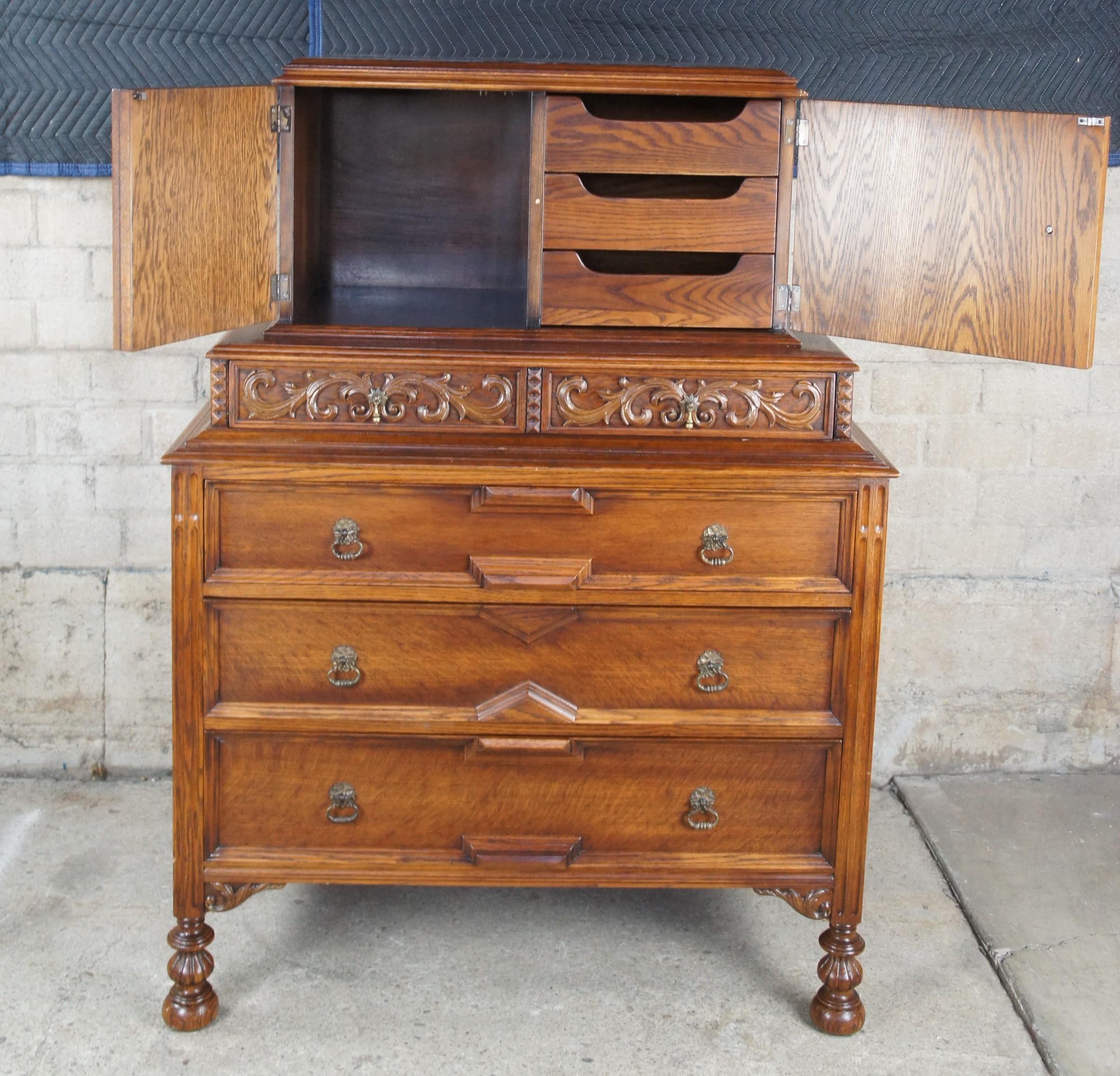 Antique American Furniture Gothic Revival Oak Tallboy Dresser Chest of Drawers In Good Condition In Dayton, OH