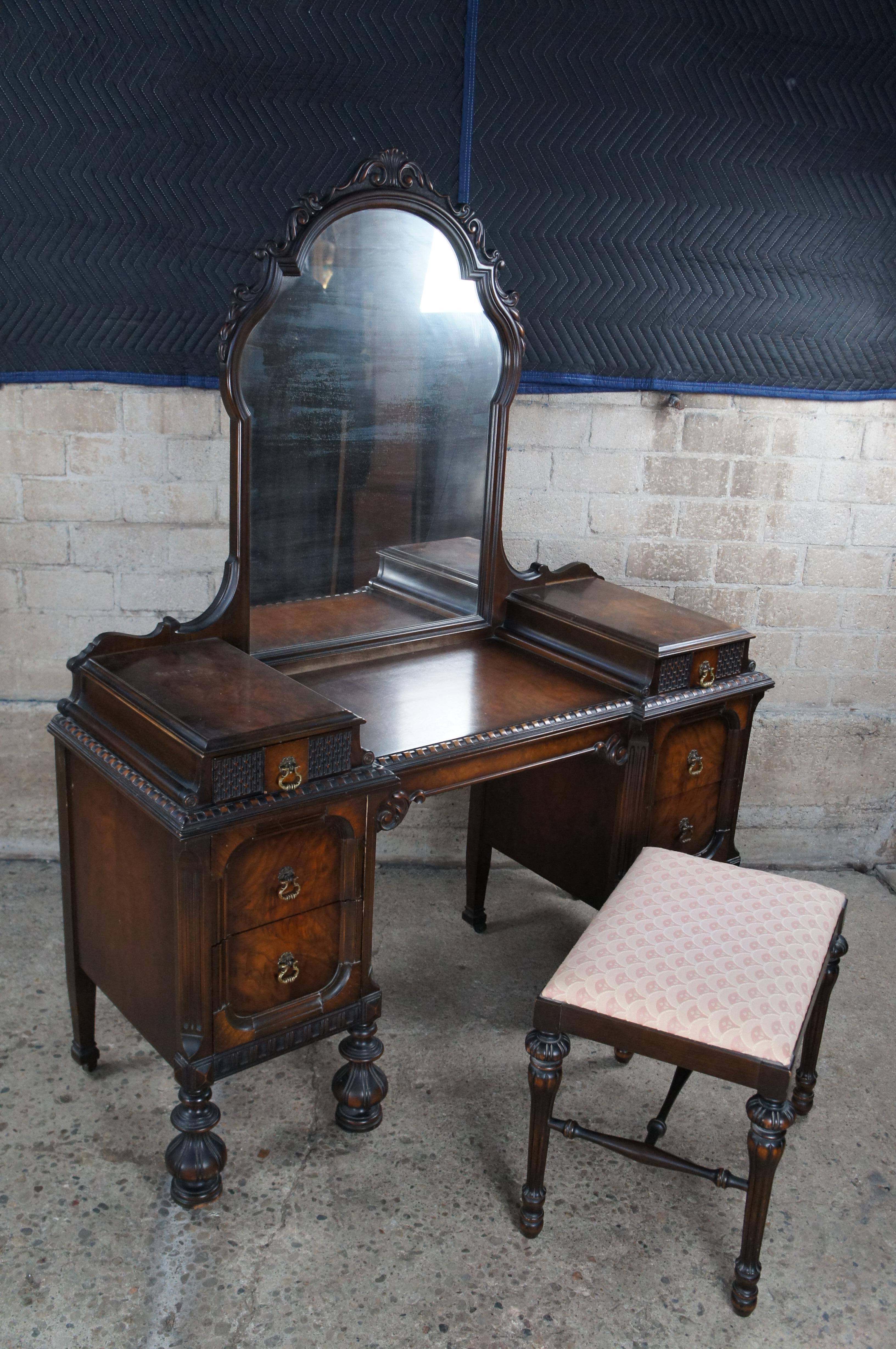 Antique American Furniture Jacobean Gothic Walnut Vanity Dressing Table & Bench 6