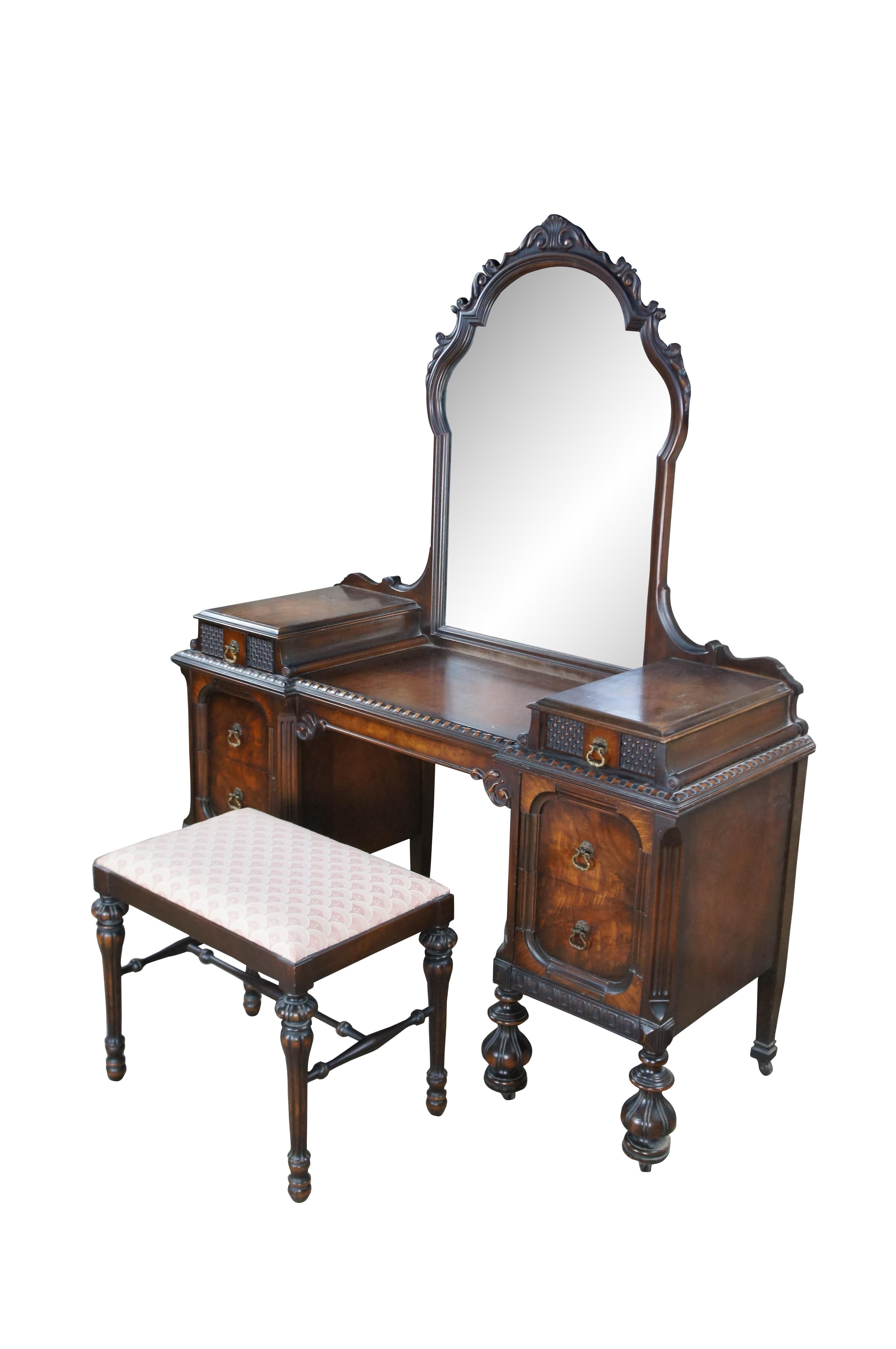 American Furniture Company Jacobean Gothic Revival tallboy dresser, Circa 1930s. Operating out of Batesville Indiana since 1899, they worked closely and collaborated in part with Romweber. Specializing in high grade bedroom suites & furniture.