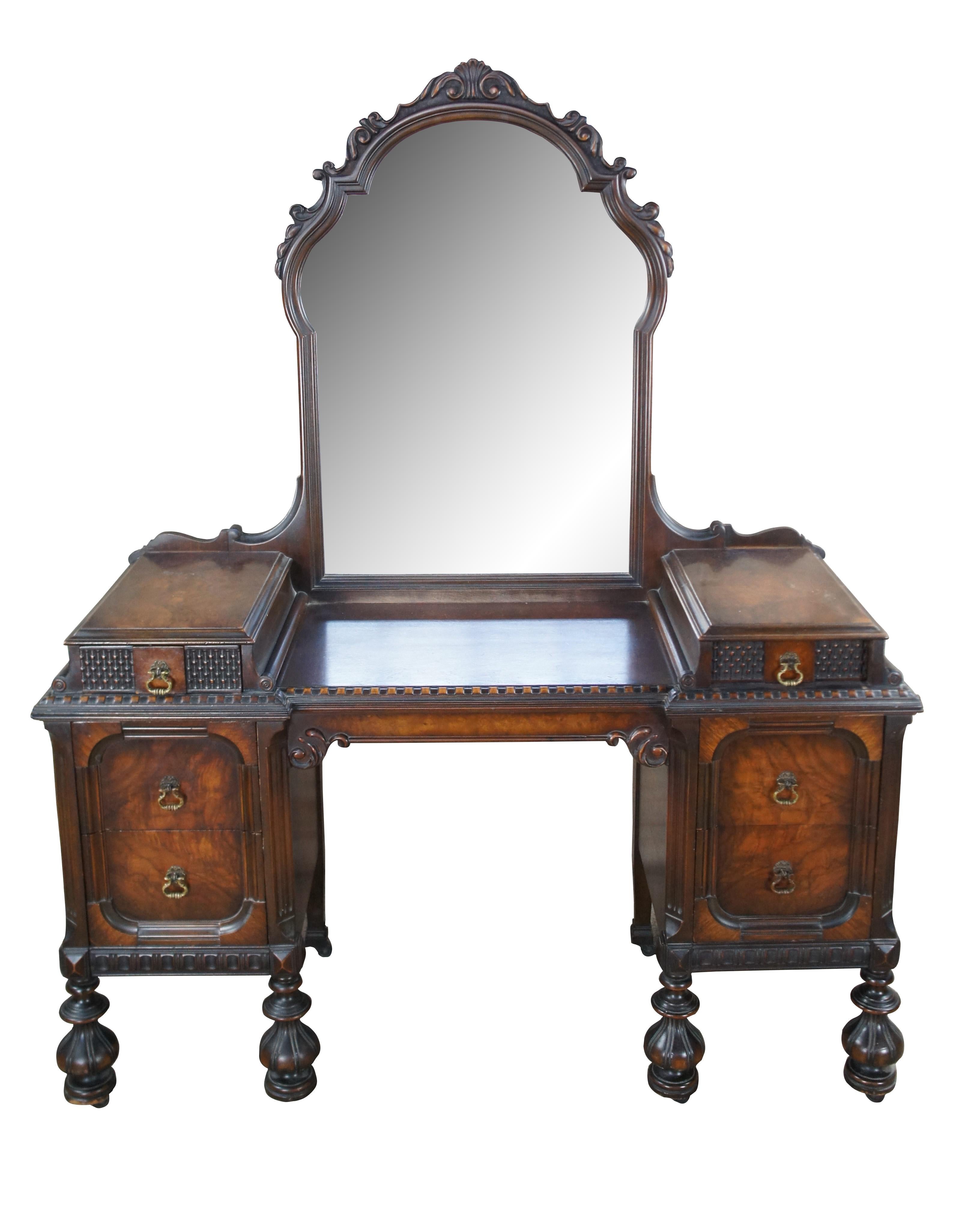 Antique American Furniture Jacobean Gothic Walnut Vanity Dressing Table & Bench In Good Condition In Dayton, OH