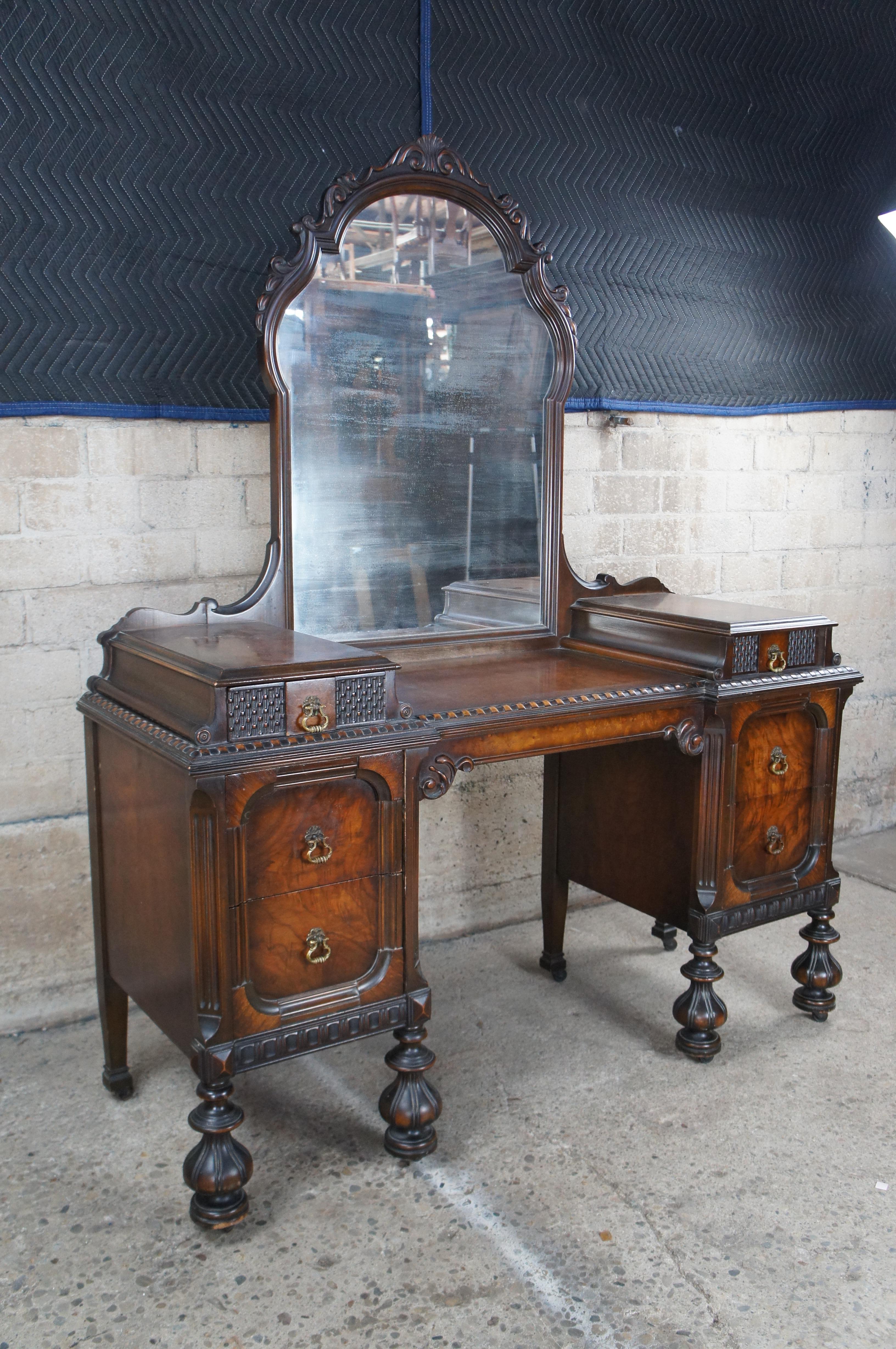Mid-20th Century Antique American Furniture Jacobean Gothic Walnut Vanity Dressing Table & Bench