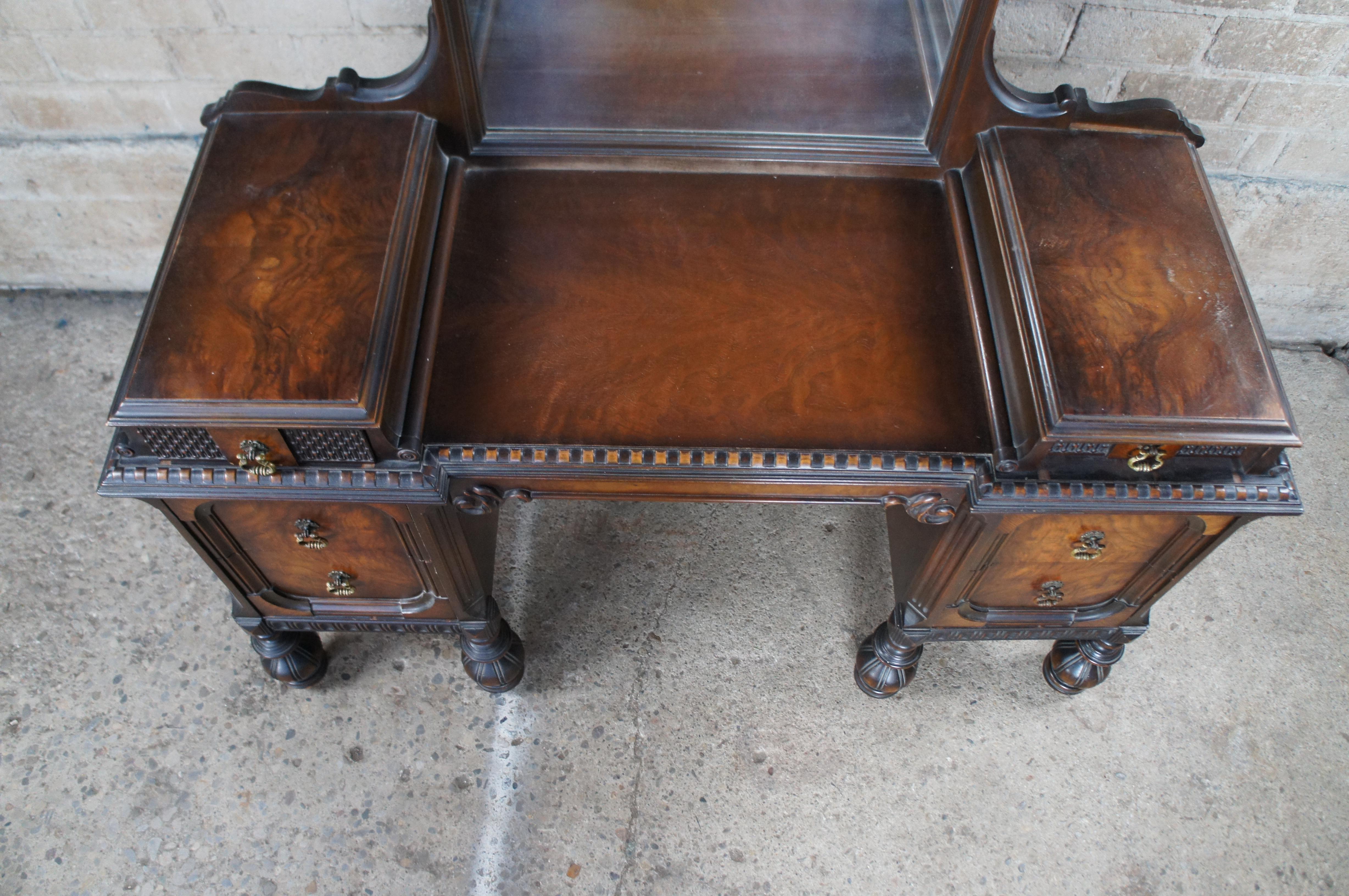 Upholstery Antique American Furniture Jacobean Gothic Walnut Vanity Dressing Table & Bench