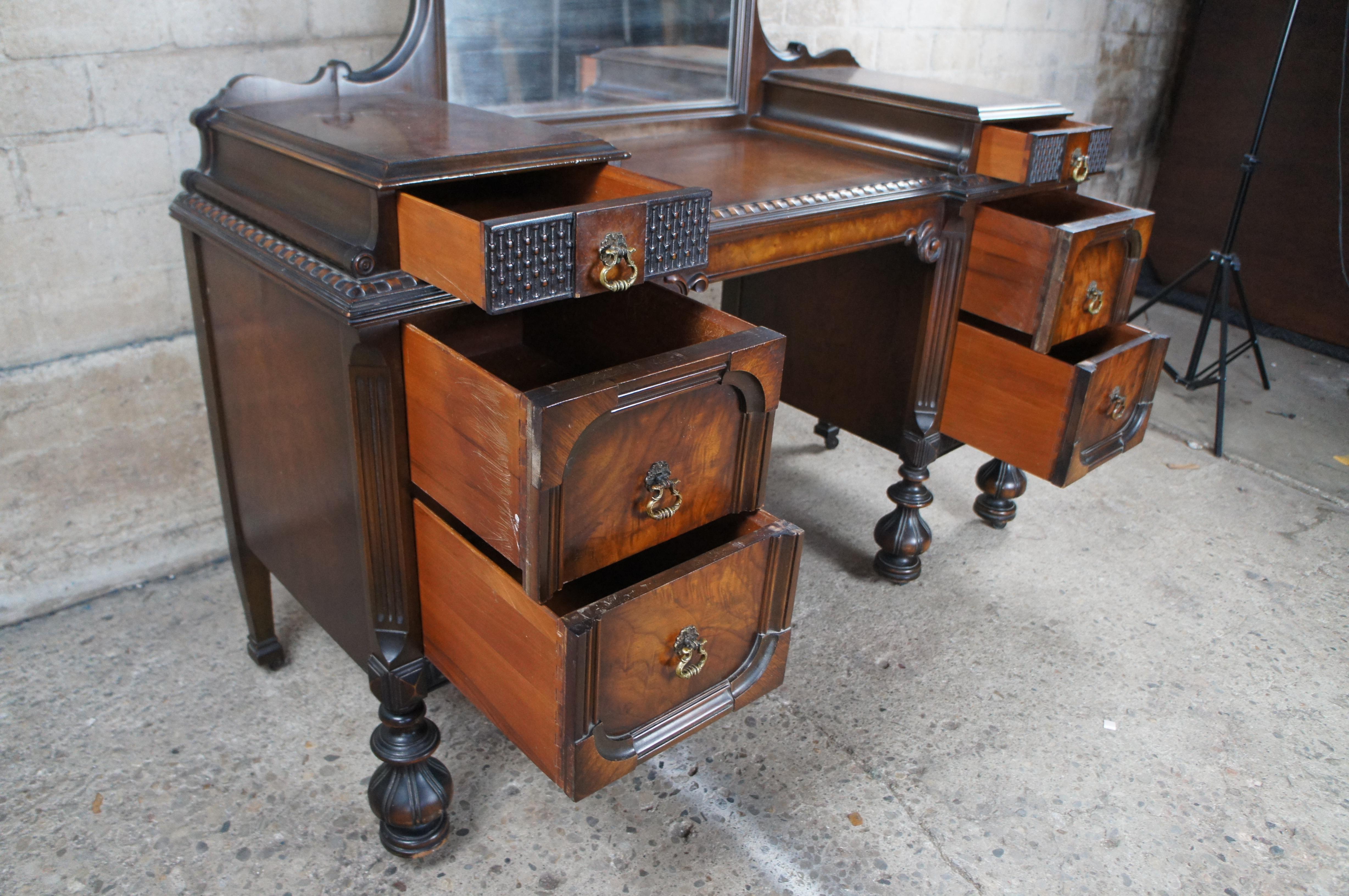 Antique American Furniture Jacobean Gothic Walnut Vanity Dressing Table & Bench 1