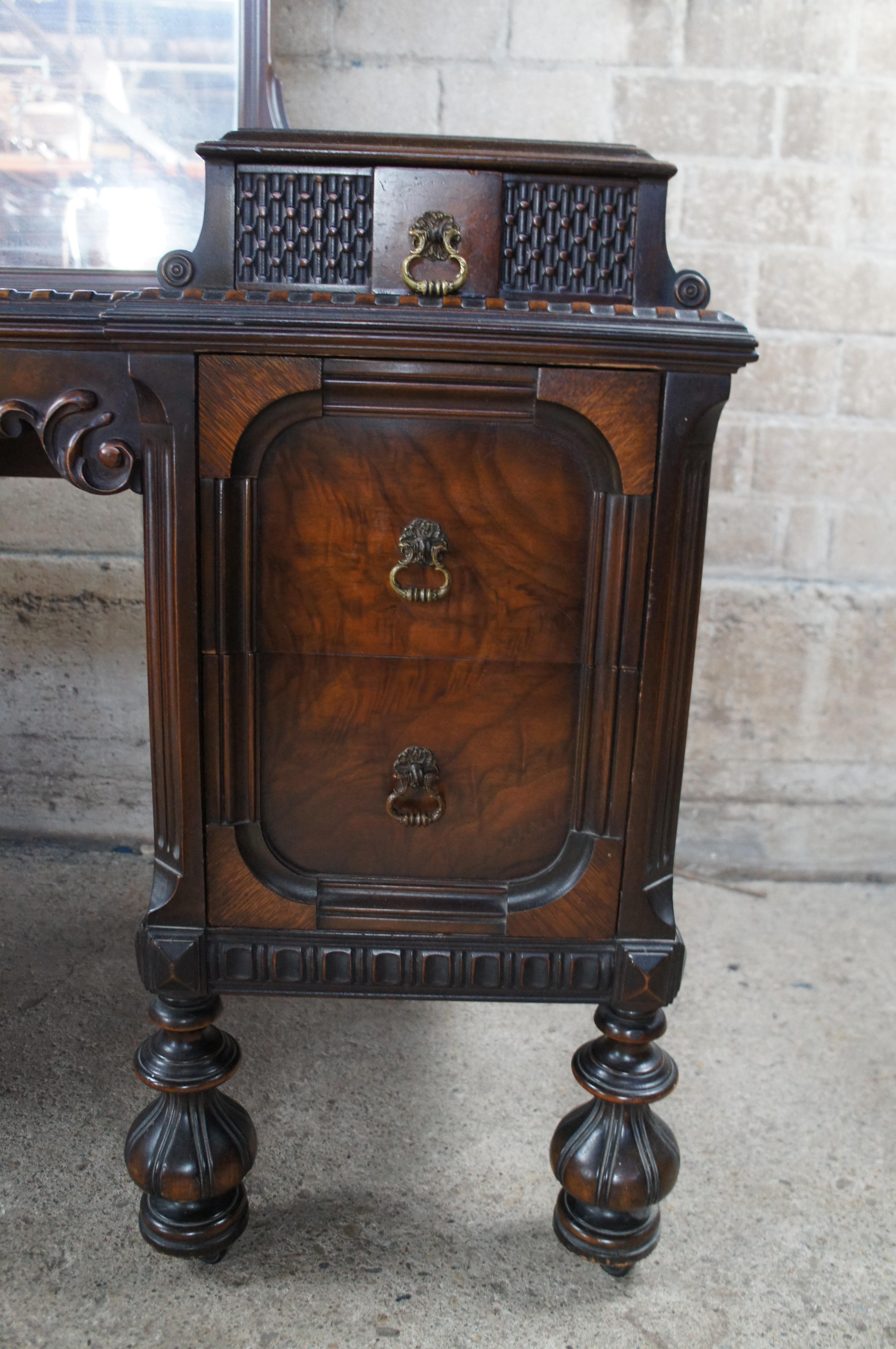 Antique American Furniture Jacobean Gothic Walnut Vanity Dressing Table & Bench 2