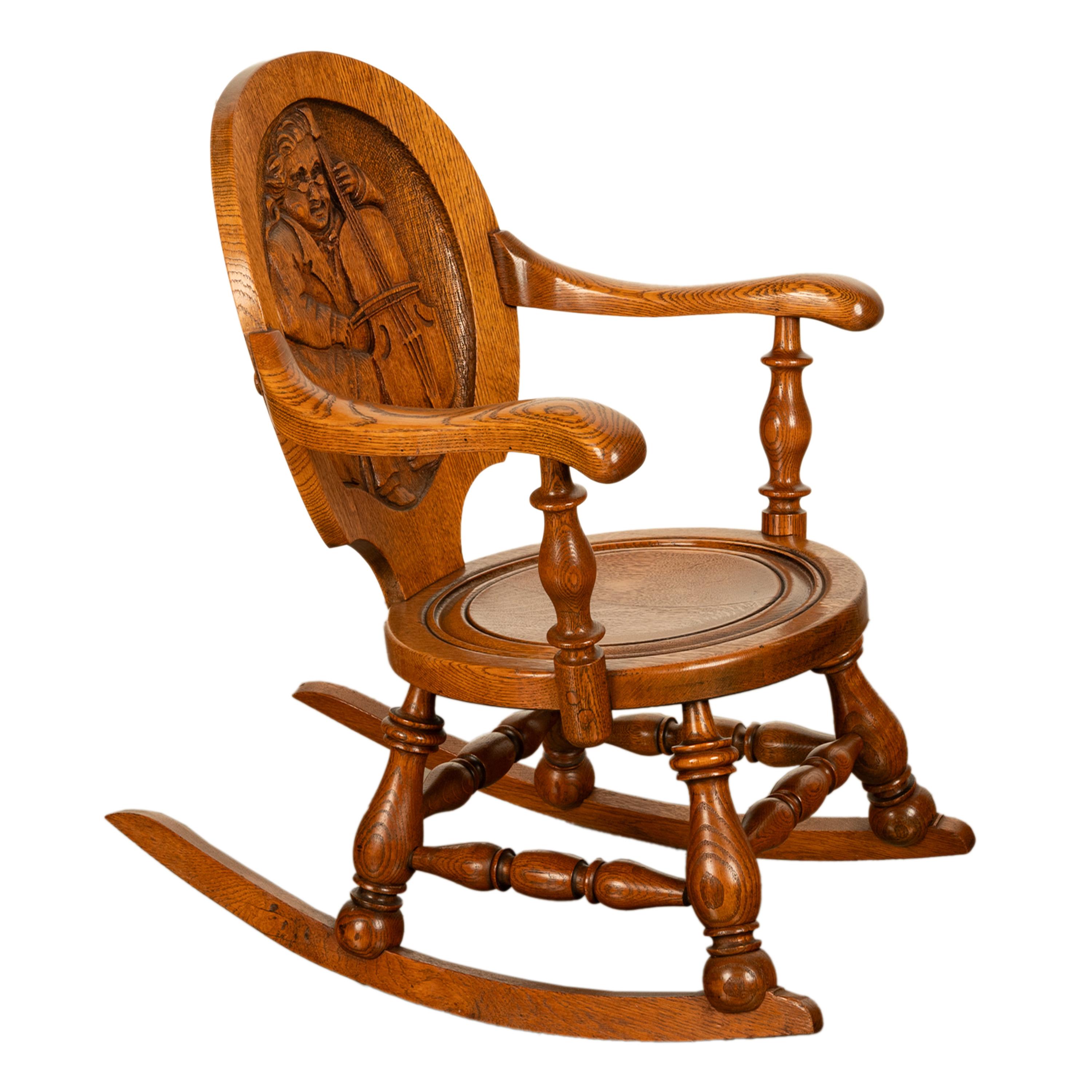 Carved Antique American George Arndt Arts Crafts Oak Ben Franklin Rocking Chair NY 1900